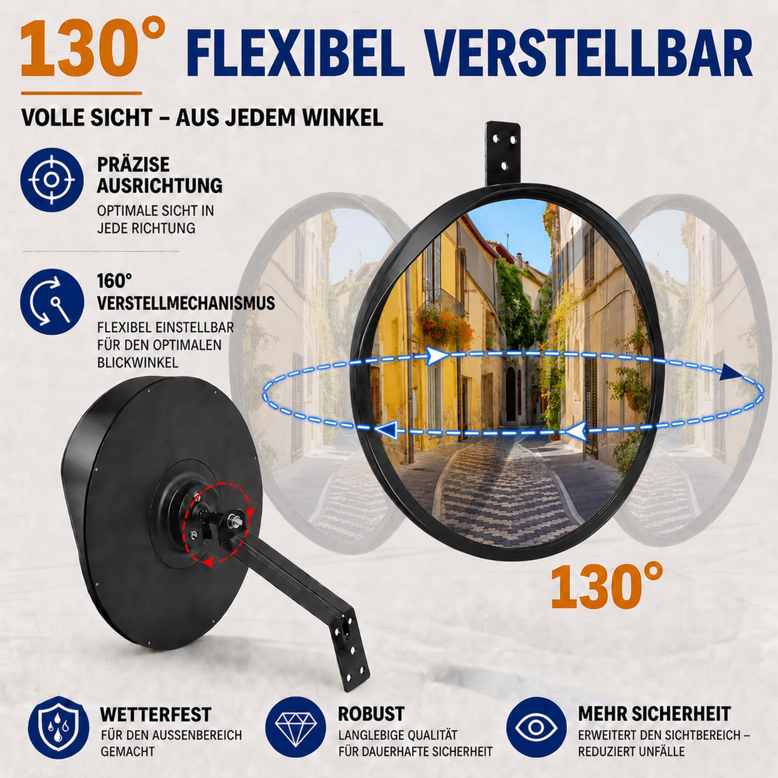 ovsor Verkehrsspiegel 𝟑𝟎 𝐜𝐦 Konvexspiegel mit ABS-Regenschutz – Professioneller Sicherheitsspiegel für Innen & Außen, Garage, Einfahrt, Lager – 130° Sichtfeld, 160° verstellbar, Acryl, wetterfest