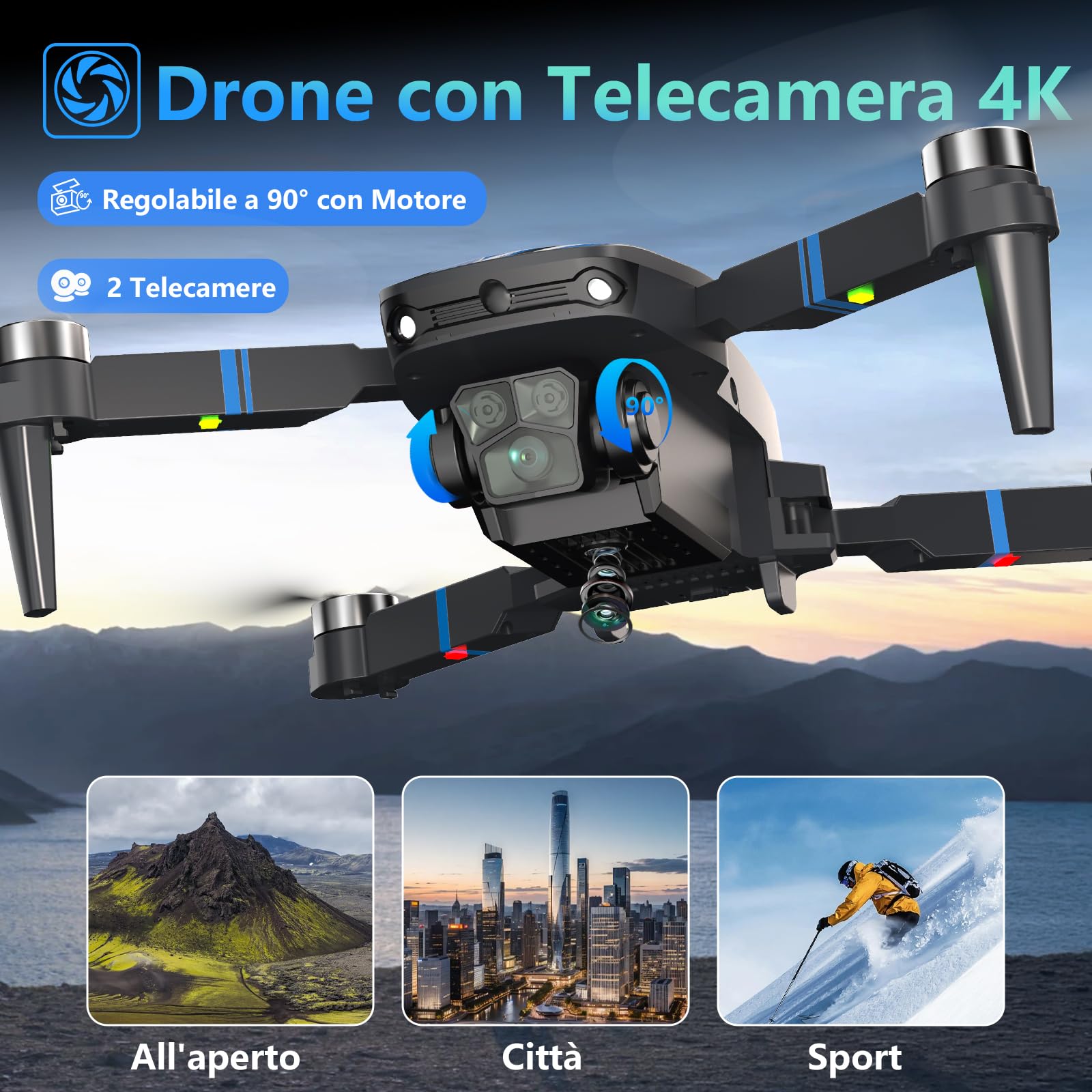 Drone con Camera per Adulti 4K, Schermo LCD FPV Live Video, Motore Brushless, Sistema di Prevenzione Ostacoli a 270°, 3D Flips, Supporta Schede SD fino a 32 GB, Peso Inferiore a 250g
