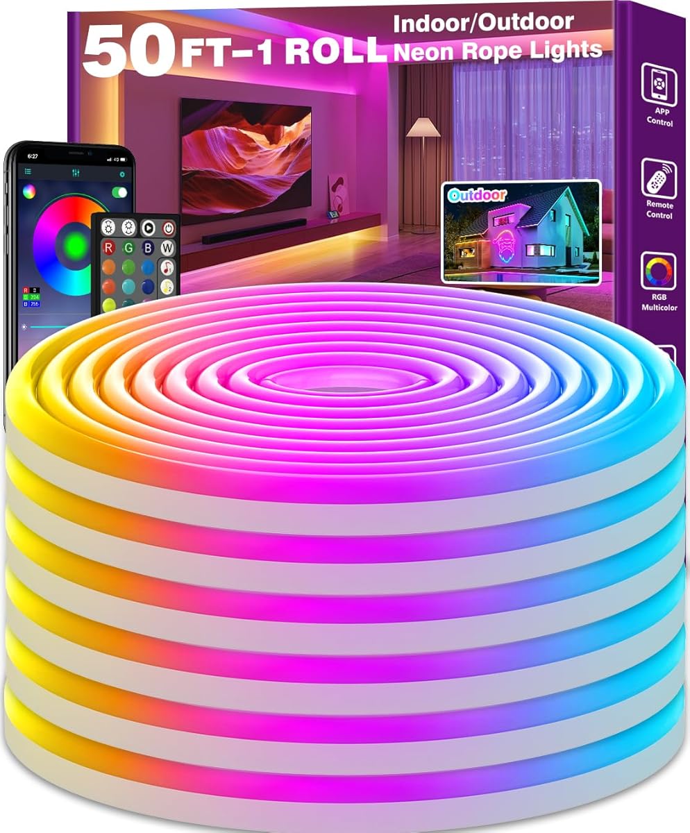 SINLEY Led Neon Rope Lights,Control with App/Remote,Flexible Led Rope Lights,Multiple Modes,IP68 Outdoor RGB Neon Lights Waterproof,Music (50 FT)
