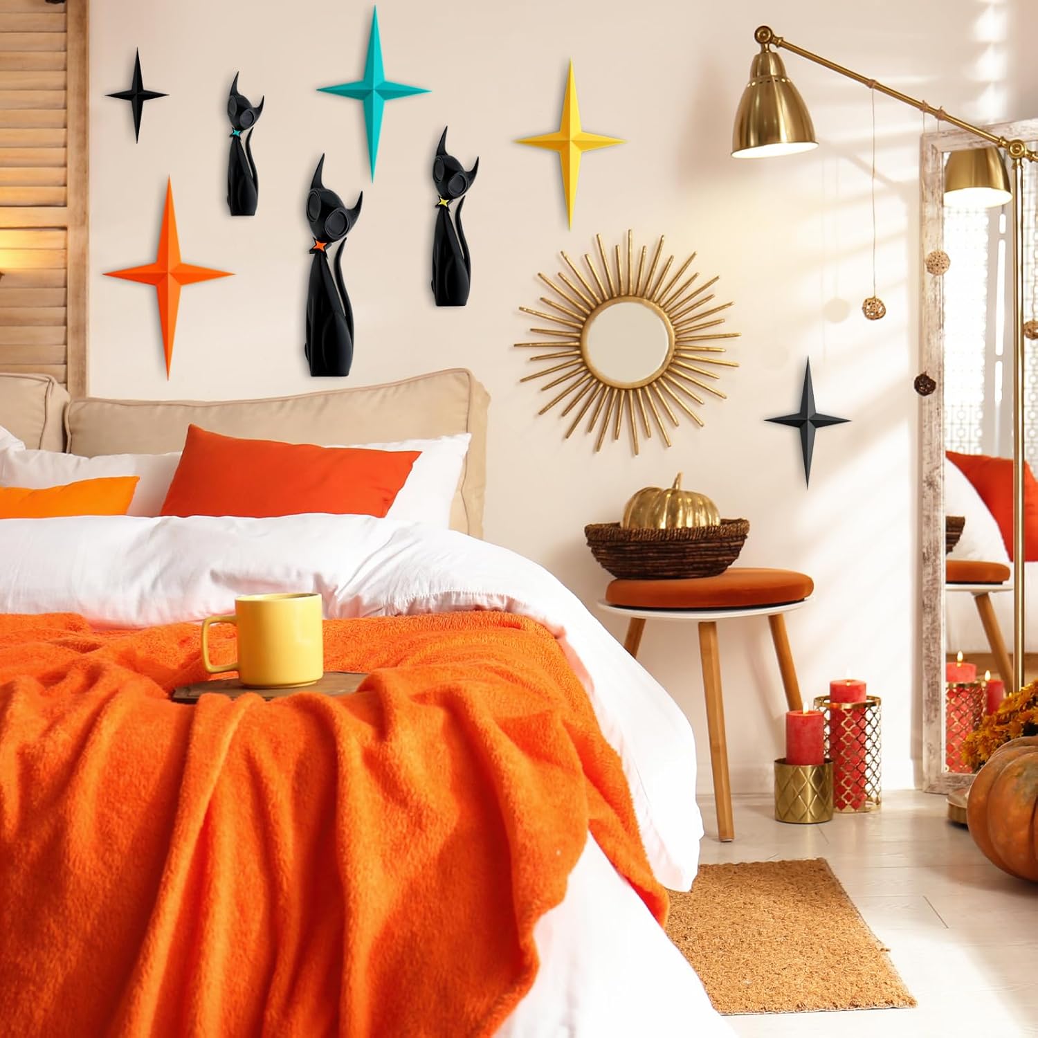 Otoolling 8 Pcs Mid Century Modern Atomic Cat Wall Art Decor 3D Colorful Mid Century Cat and Atomic Stars Retro Iron Wall Signs Sculptures for Home Living Room Kitchen Bathroom Office Cats Lover Gifts