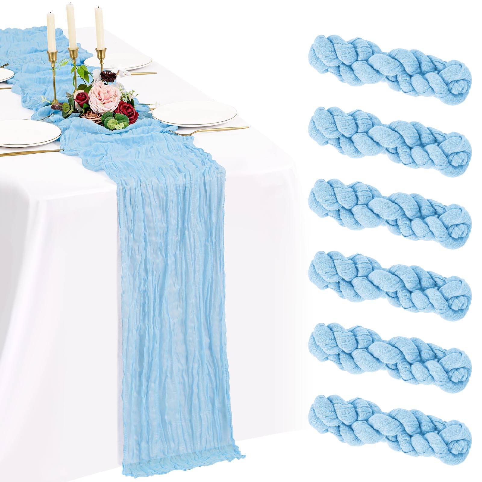 Showgeous 6 Pack Baby Blue Cheesecloth Table Runner 10FT Light Blue Boho Gauze Cheese Cloth Table Runners Romantic Rustic Sheer Table Decorations for Wedding Party Baby Shower Birthday Holiday Home