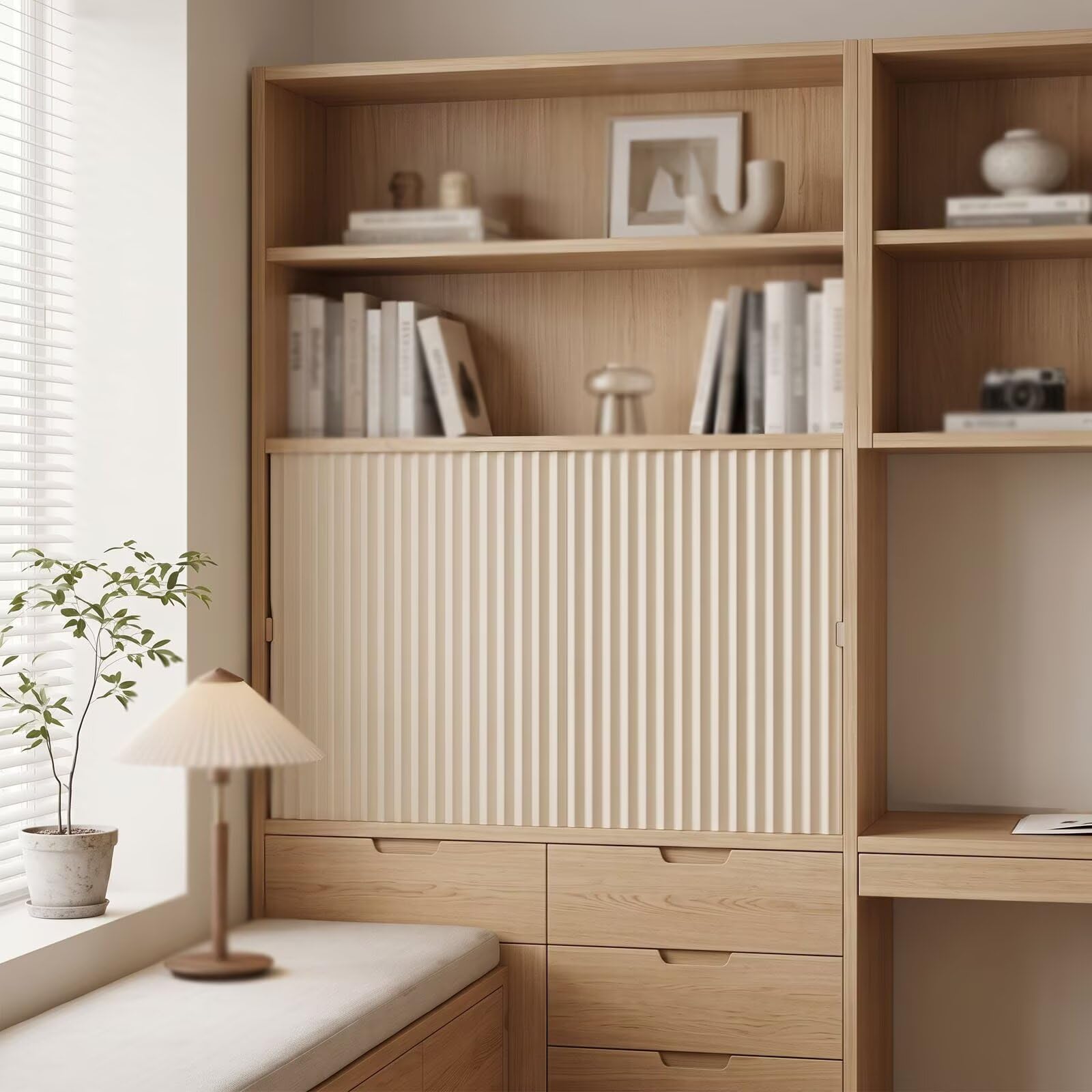 Tenda Plissettata Orizzontale per Armadi a Muro, Sistema Magnetico Adesivo in Tessuto Compatto, Beige, 100x35 cm