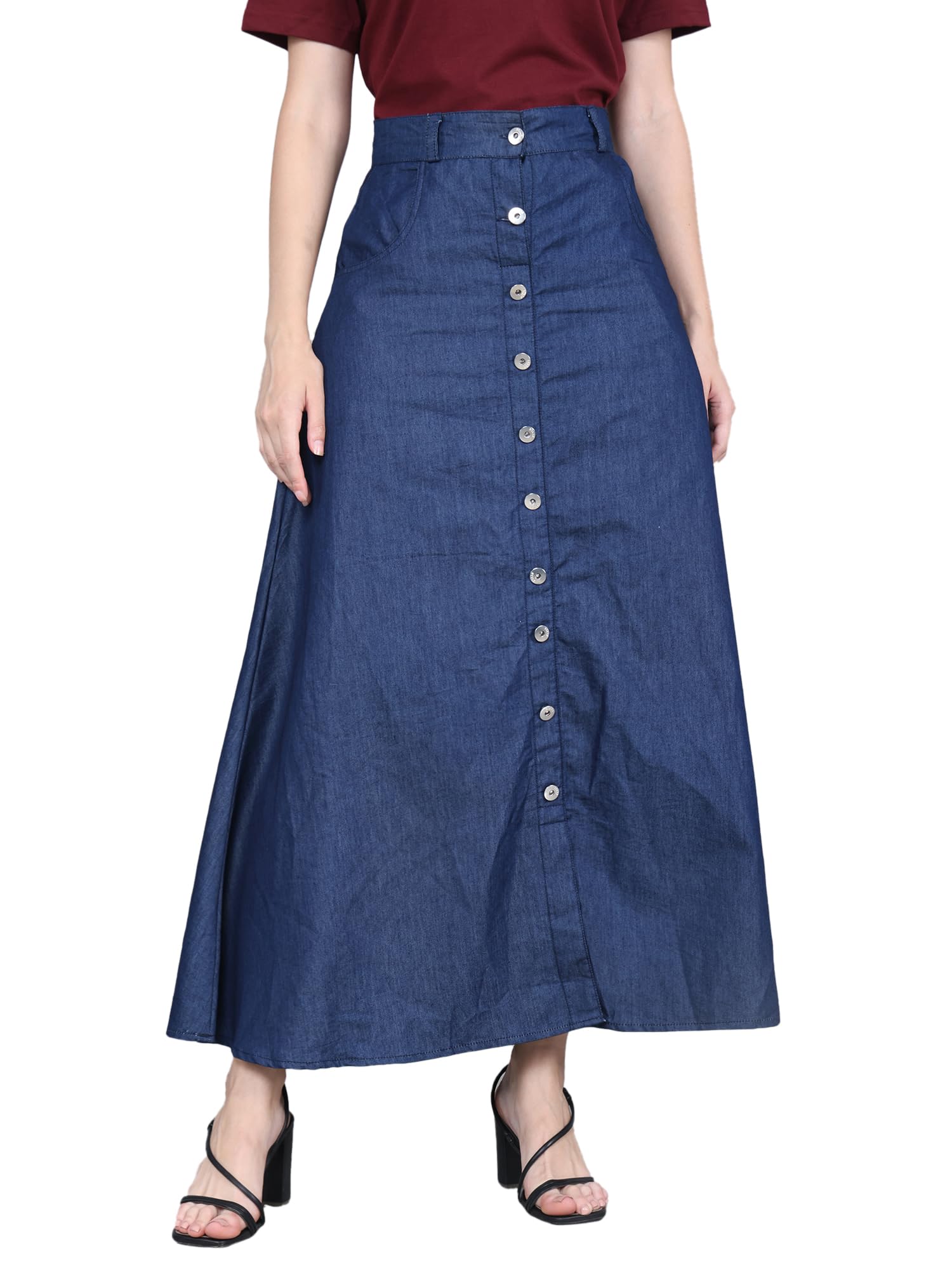 Full Length Light Denim Button-up Blue Skirt-image-25