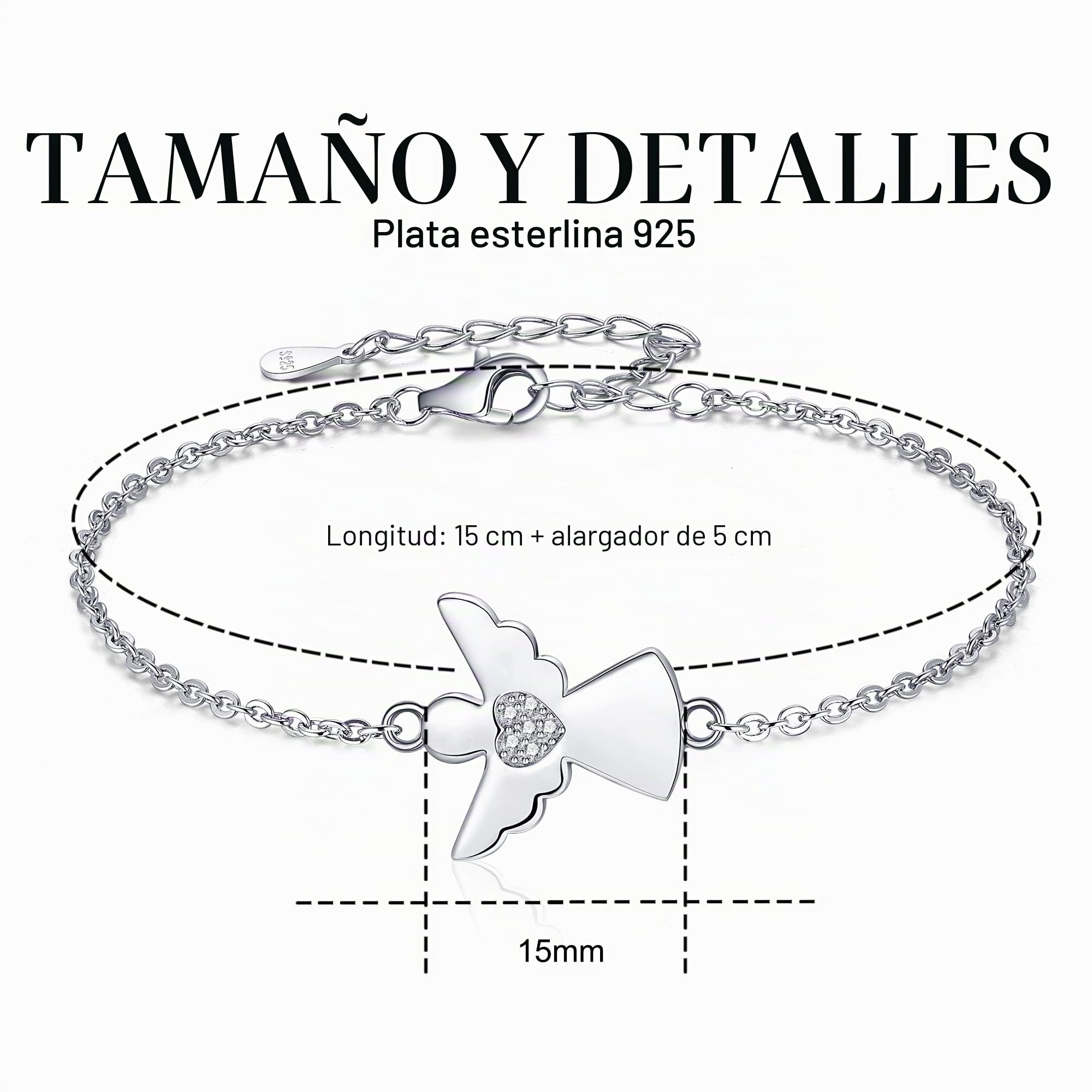 Jrêveinfini Pulsera de Ángel Guardián con Zirconitas Transparentes, Plata de Ley 925, Adecuada para Mujeres y Niñas