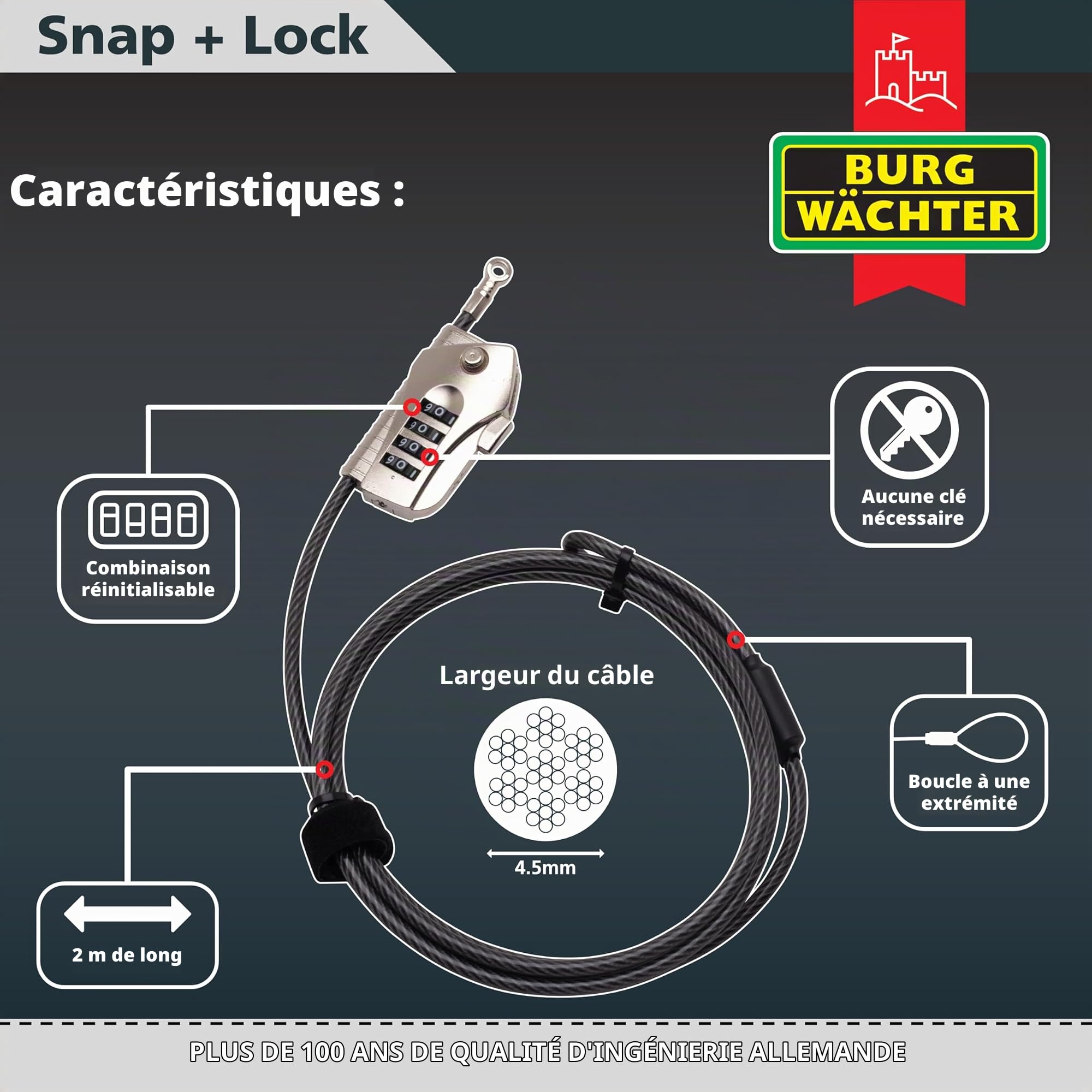Burg-Wächter 720 200 Snap+Lock Câble antivol pour vélo, moto, scooter électrique et mobilier de jardin Noir 2 m