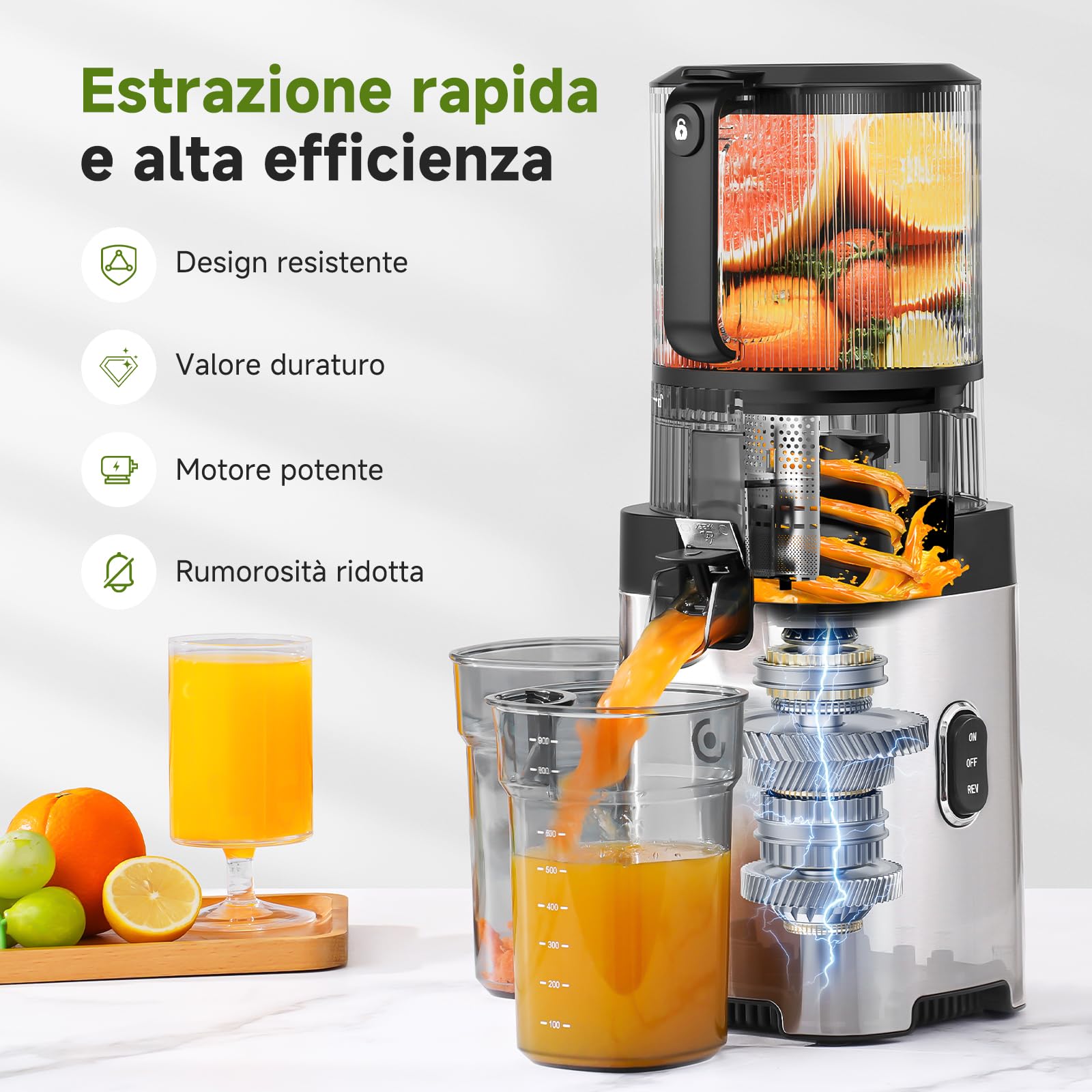 AMZCHEF Estrattore di Succo a Freddo, 158 mm Bocca Larga per Frutta e Verdura Intera, 2.5 L, Facile da Pulire, 2 Filtri per Succo e Gelato, per Famiglie, Genitori e Colazione