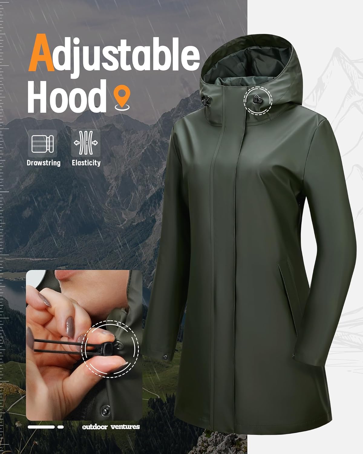 Outdoor Ventures Women's Waterproof Long Rain Jackets Lightweight Rain Coats with Hood Trench Coats PU Windbreaker - Image 5