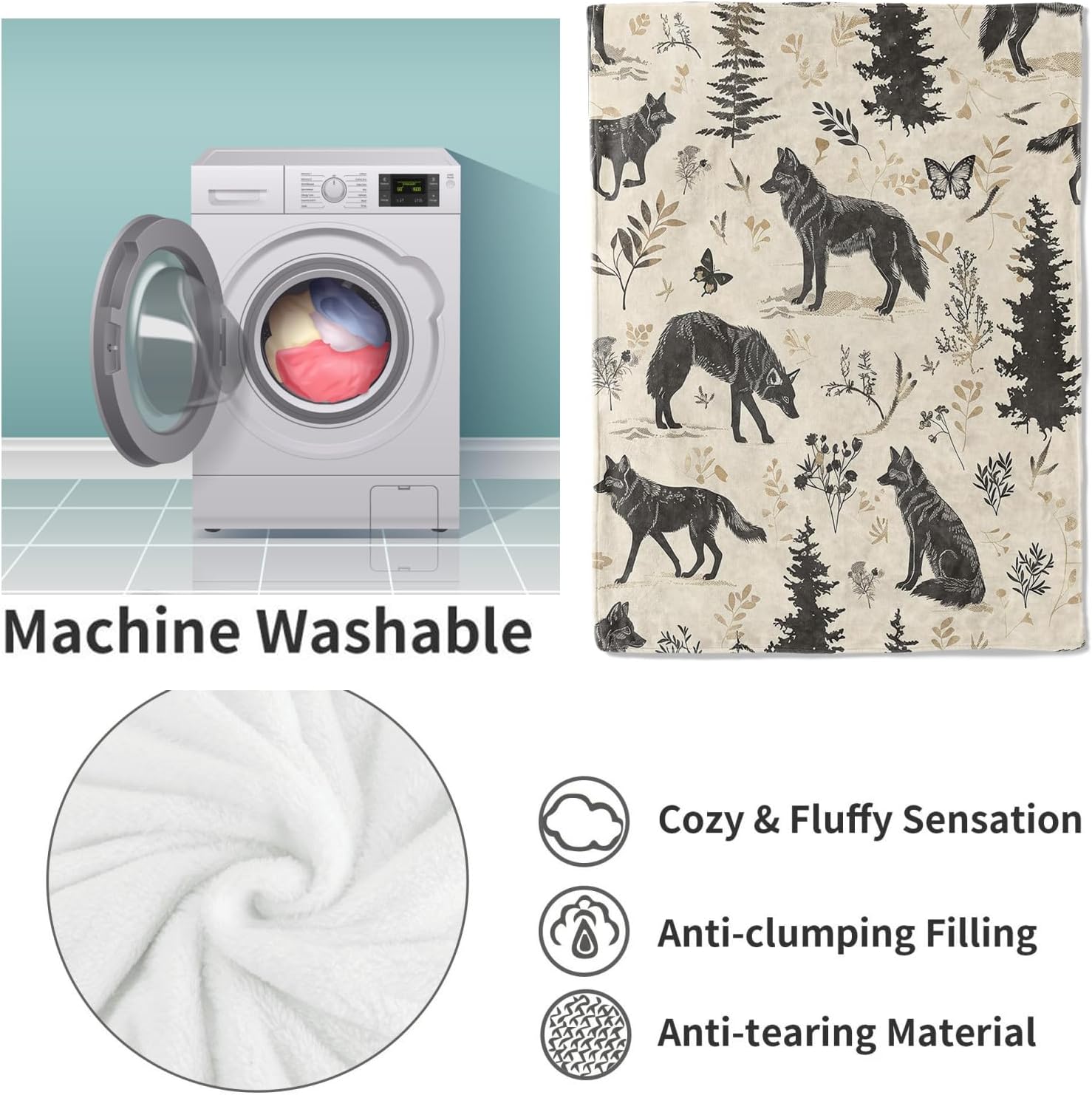 Wolf and Nature Pattern Blanket, Wildlife-Themed Fleece Throw with Wolf and Forest Design, Soft Cozy Lightweight Blanket, for Nature and Animal Lovers, 50x60 in,Decor