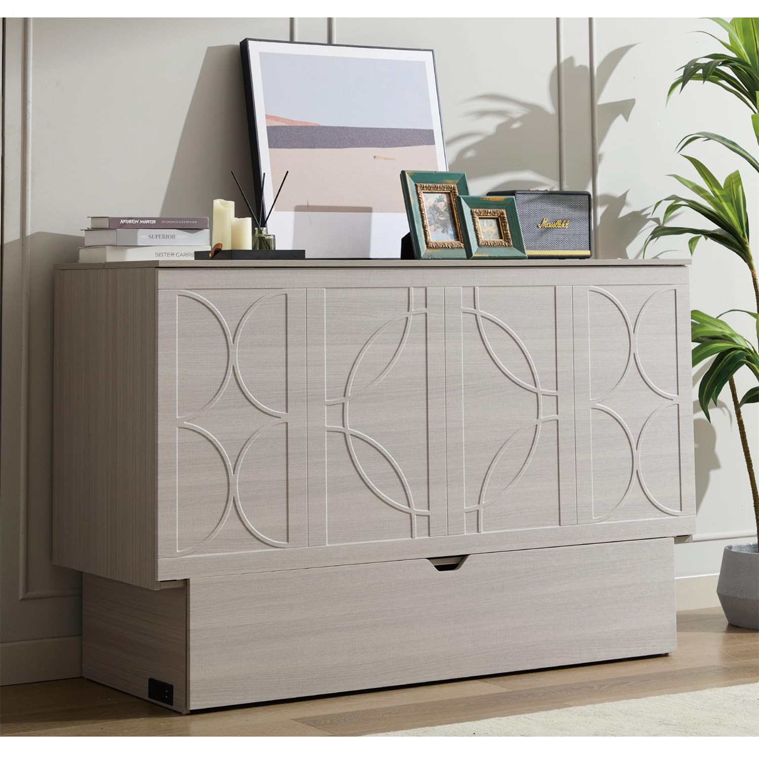 RuiSiSi Queen Murphy Bed with Mattress, Foldable Cabinet Bed with Storage Drawers and USB Ports, Solid Wood Murphy Bed Frame Space Saving for Home