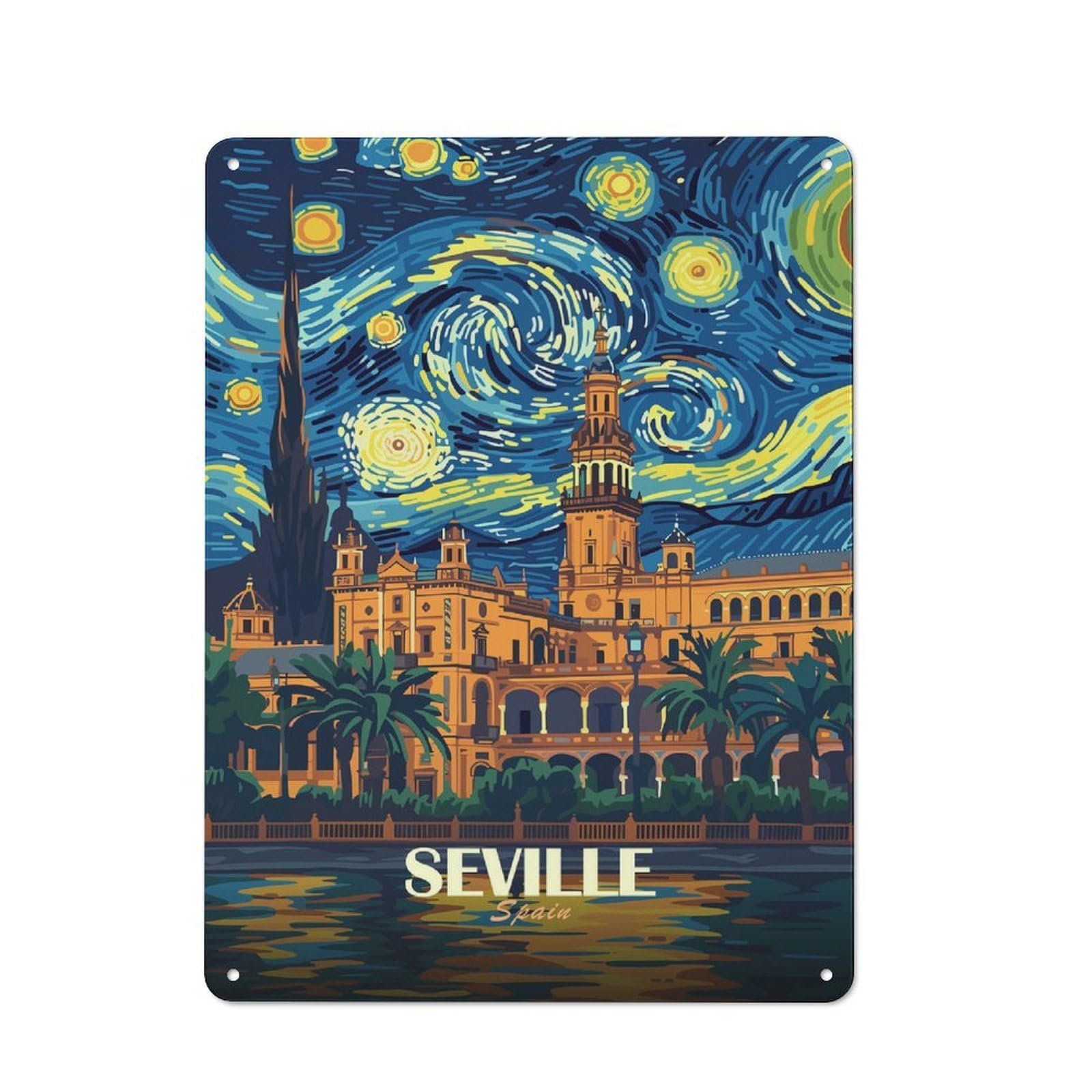 Junmoney Style-9 Modern Retro Decorative Metal Plaque 40X30cm Featuring Seville, Spain, Starry Night Style, Loft Wall Plaque For Flat, Bar, Studio Or Gallery Wall