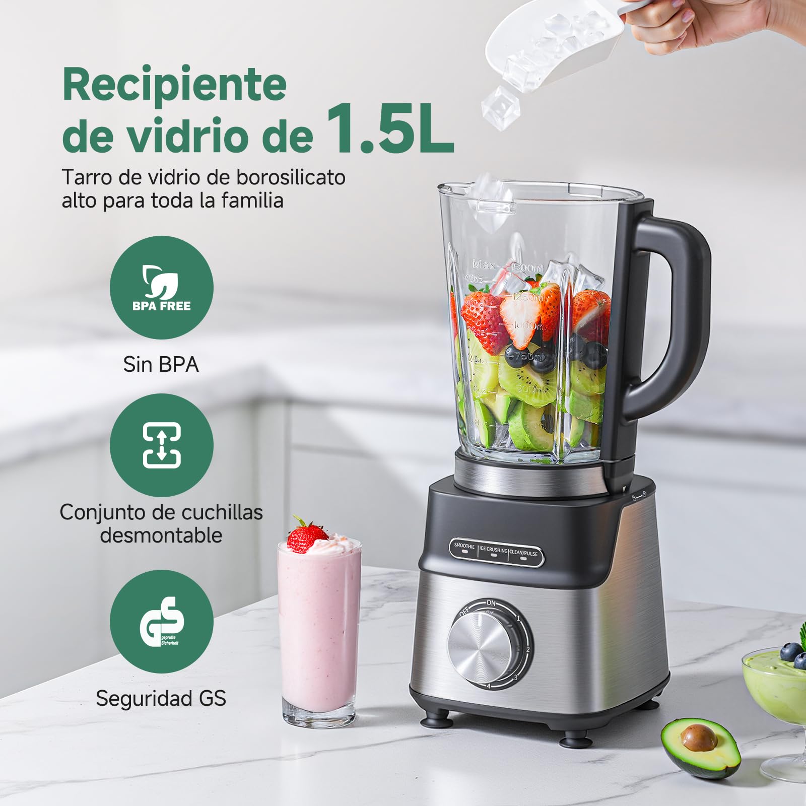 AMZCHEF Batidora de vaso de Cristal 1200W, Jarra de cristal de 1,5L Resistente al Calor, 5 Velocidades + 3 Programas (Smoothie, Hielo Picado, Auto-Limpieza),6 Cuchillas de Acero Inoxidable