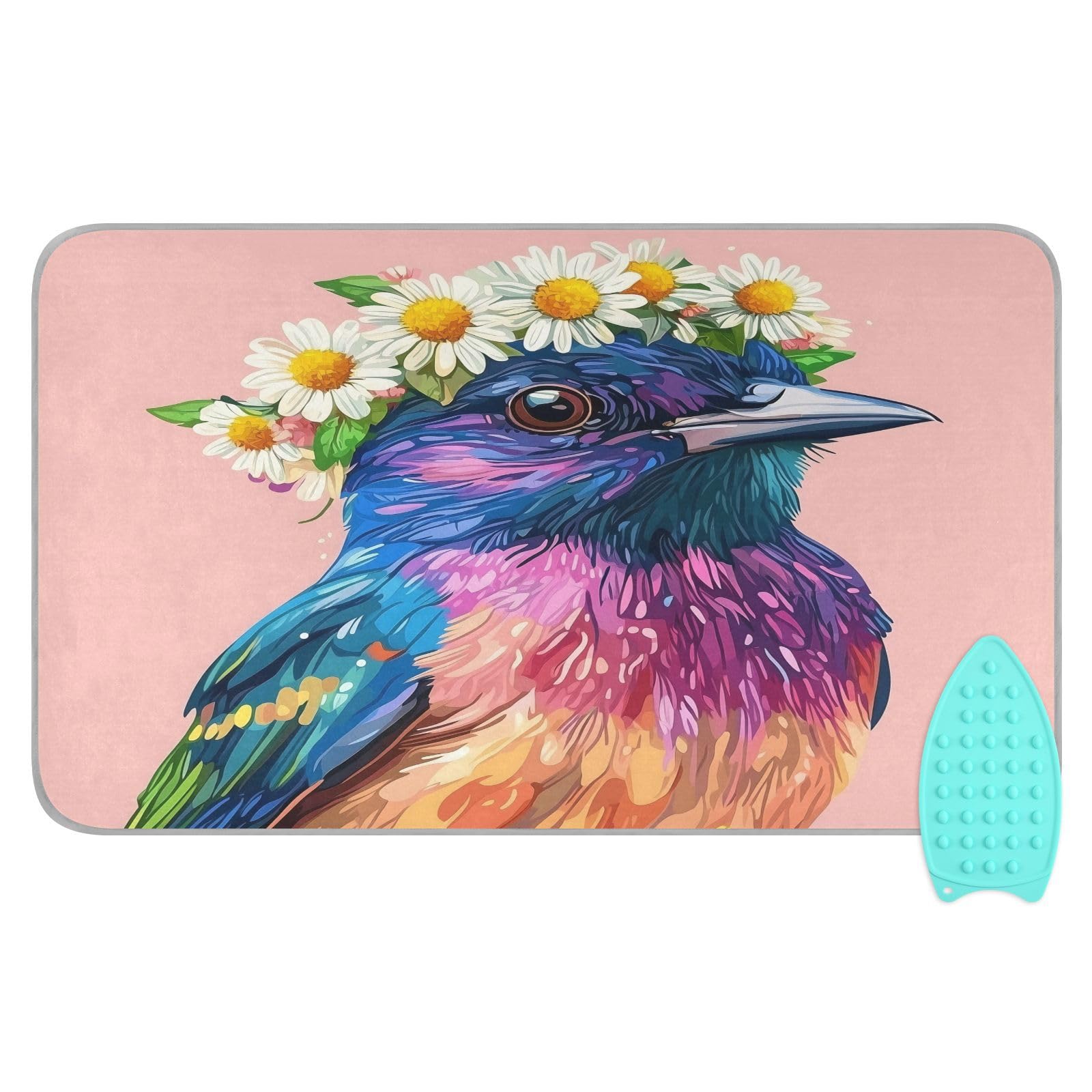 pnyoin Portable Ironing Mat Daisies and Little Birds Travel Ironing Pad with Silicone Iron Rest for Steam Pressing on Tabletop or Bed Heat Resistant Portable Quilting & Travel Blanket