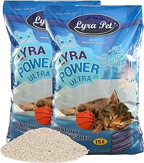 Lyra Pet® | 2 x 15 Liter Lyra Power Ultra Excellent Katzenstreu | Babypuderduft | Klumpendes Streu | 350% Saugkraft | Naturprodukt Bentonit | Stark Klumpend | Saubere Wohnung | Neutralisiert Gerüche product image