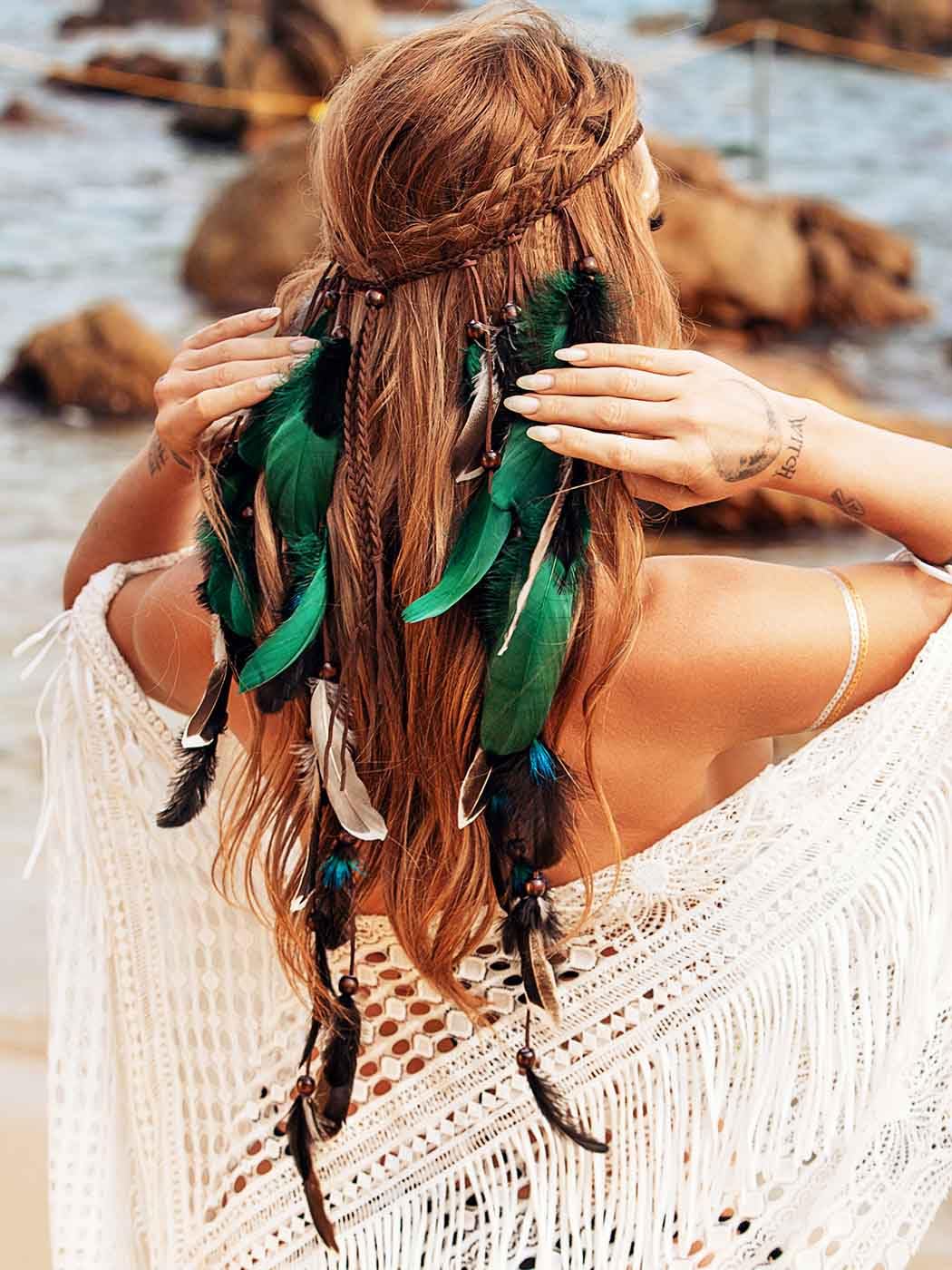 Zoestar Boho Feather Headband Indian Tribal Headpiece Feathers Tassel Hippie Headdress Festival Costume Hair Accessories for Women and Girls (A) - Image 4