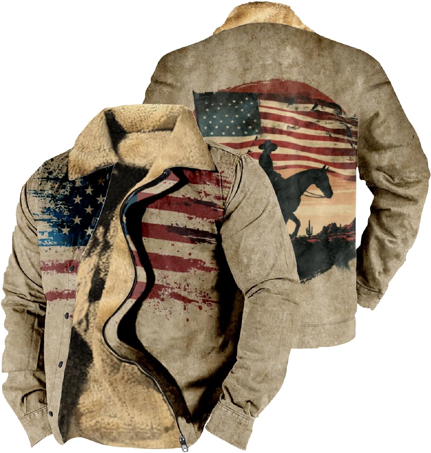 Actec Western Cowboy Jackets for Men Ethnic Print Long Sleeve Zip Up Sherpa Fleece Vintage Winter Outdoor Coat