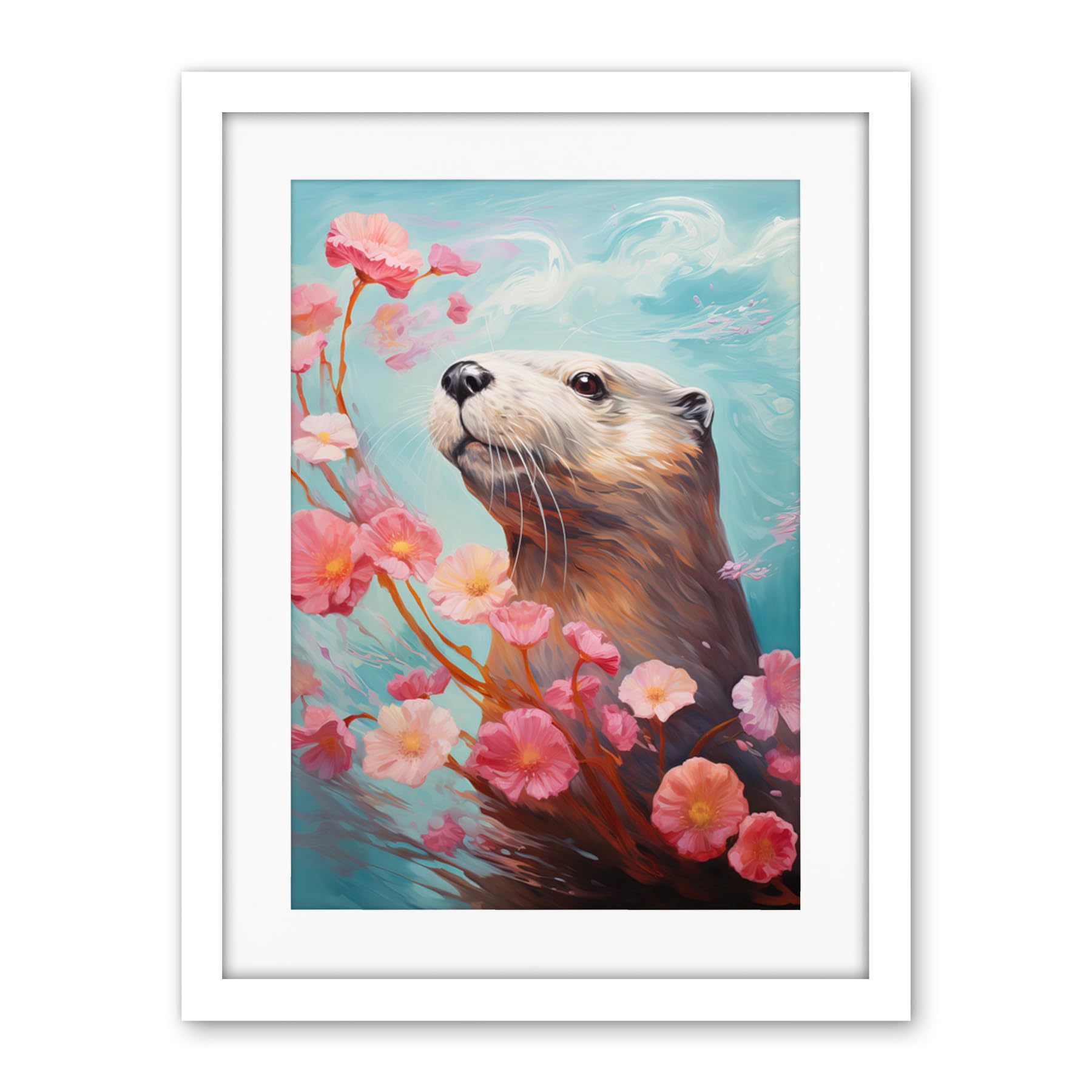 Artery8 Otter with a Pink Cherry Blossom Branch Elegant Oil Painting Floating on Lake Water with Flowers Artwork Framed Wall Art Print 18X24 Inch