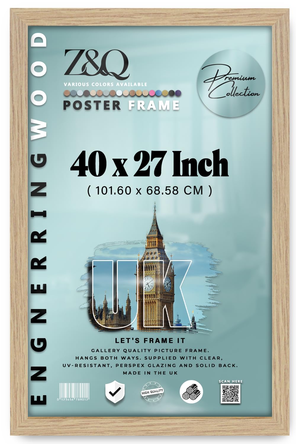 Z&Q Oak | Vintage Mdf Poster Frame (101.60 X 68.58 Cm) Natural Wood Look, & Stylish Design 40 X 27 Hanging Picture Holder, 1016 X 685.8 Mm [ ]