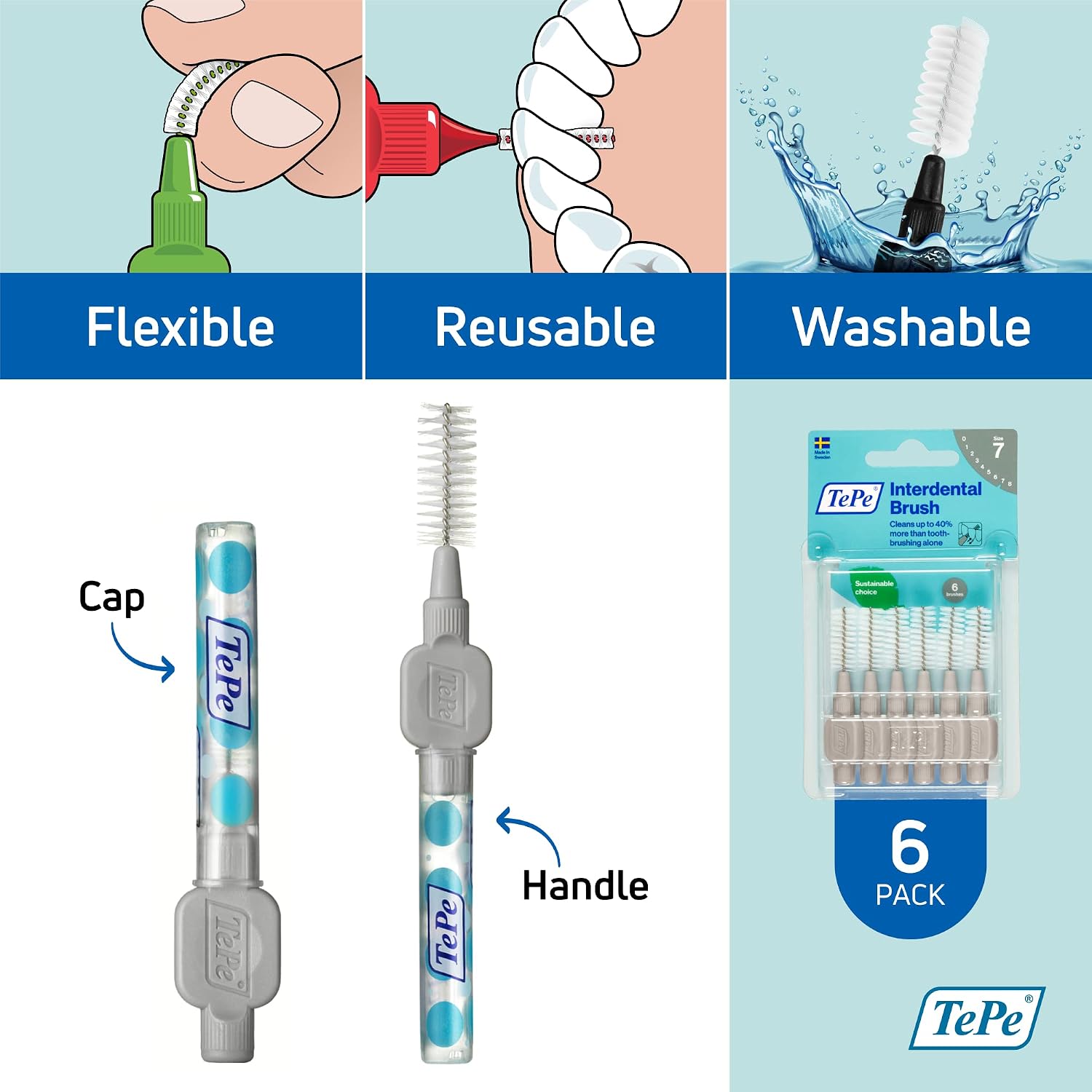 TEPE Interdental Brush Original, Soft Dental Brush for Teeth Cleaning, Pack of 6, 1.3 mm, Extra-Large Gaps, Gray, Size 7