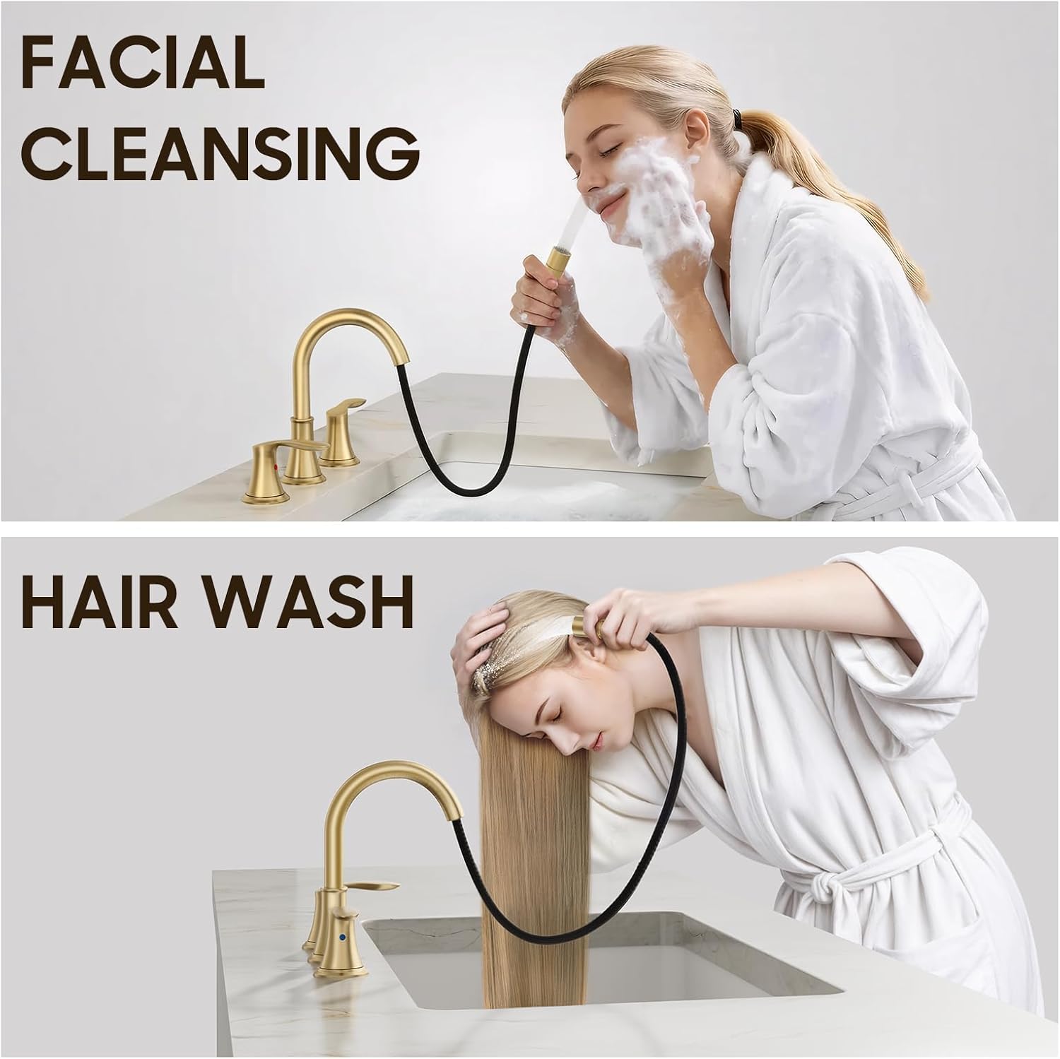 Phiestina 8 Inch Widespread with Pull-Out Sprayer Bathroom Faucet - Brushed Gold 2 Handle 3 Hole, Lead-Free Heavy Duty, with Metal Pop-Up Drain & Water Supply Lines, WFTY36CL-2M-BG