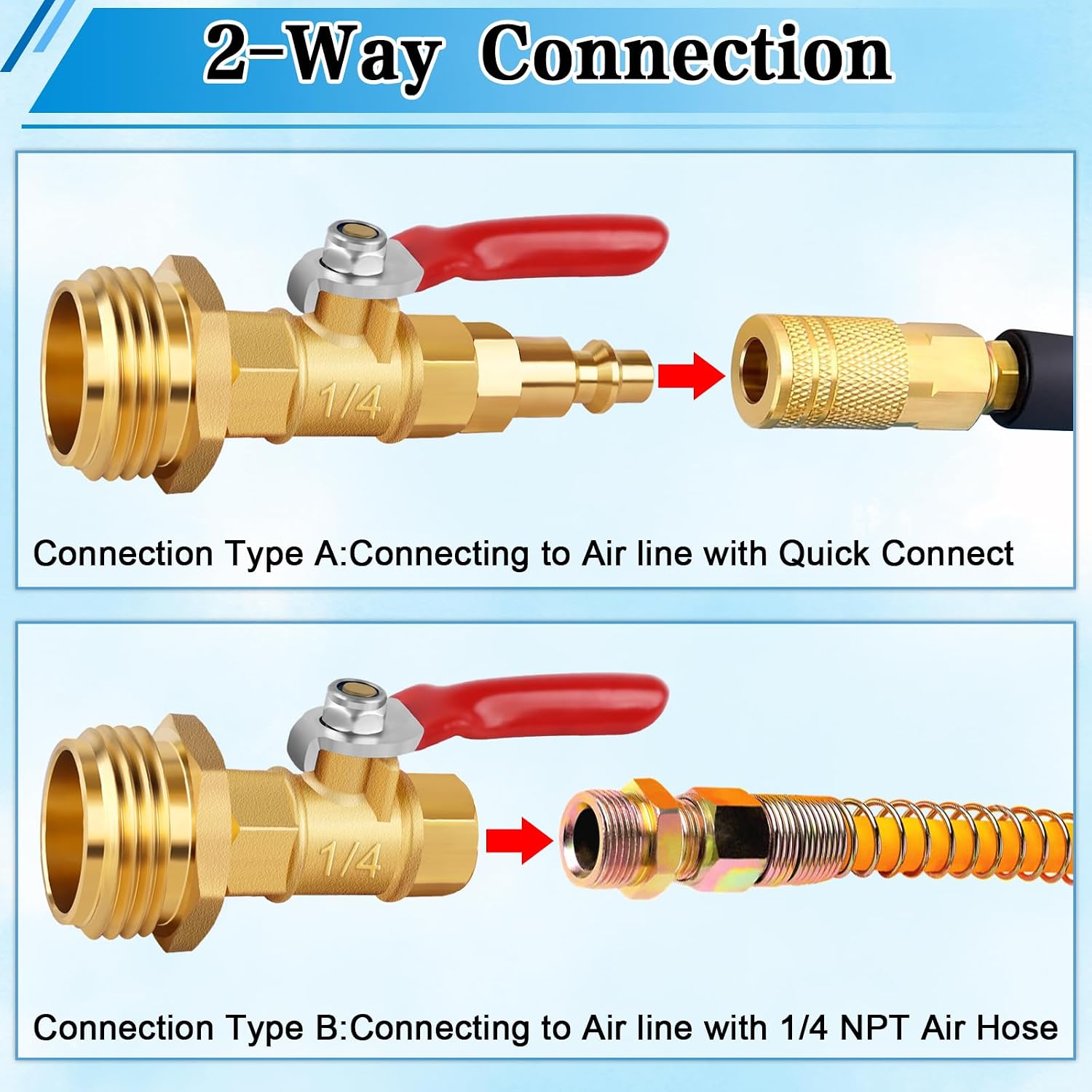 RV Winterize Blowout Adapter, RV Winterizing Kit, Brass RV Blow Out Plug Adapters, Female & Male Air Compressor Sprinkler Blowout Adapter with Shut Off Valve, for RV, Camper,Boat,Garden Faucet