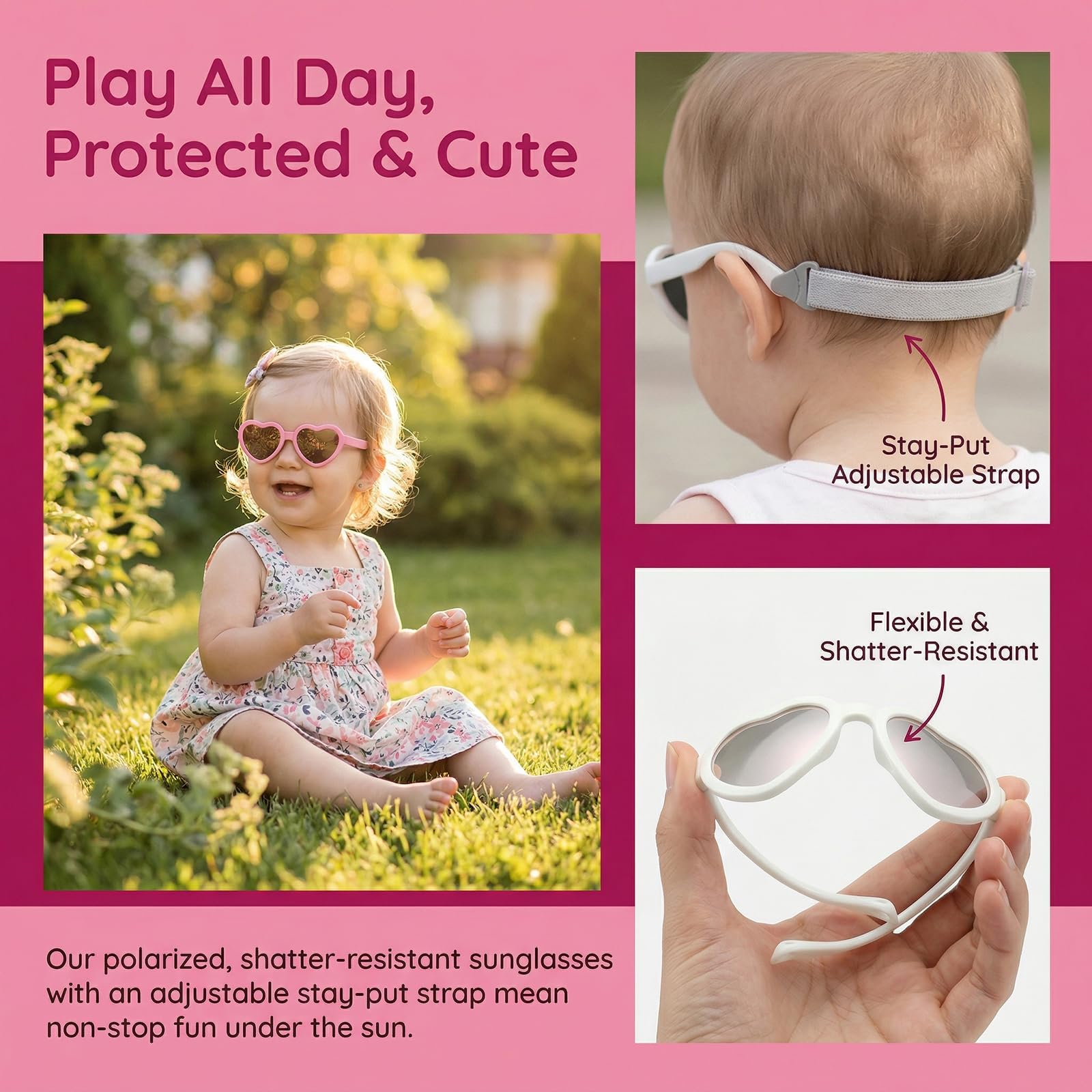 2pcs Baby Girl Polarized Sunglasses with Strap, Toddler Sunglasses for Infant Age 0-24 Months, Kids Travel Essentials - 5