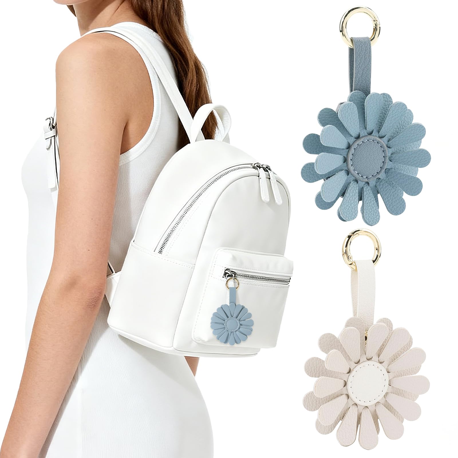 URIZZD Keychain for Apple Airtags Holder, 2 Pack Flower Cases, Leather Cover for AirTags Holder, 6fbaat02-beige+blue