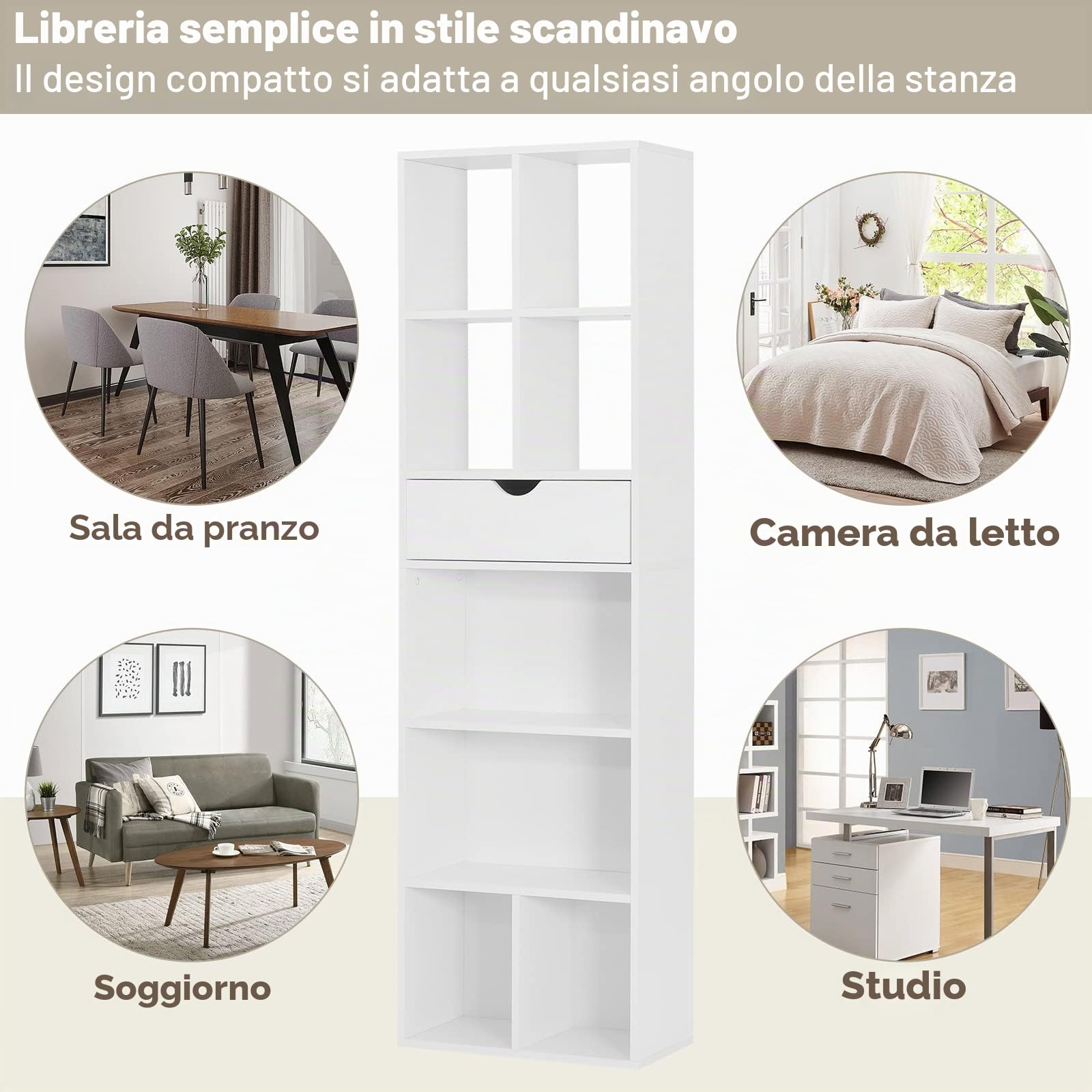 EUGAD Libreria Bianca, Scaffale Soggiorno con 8 Vani Portaoggetti, Mobile in Legno Salvaspazio con Cassetto, Portalibri da Terra Moderno per Camera da Letto, Ufficio, 50x24x168 cm