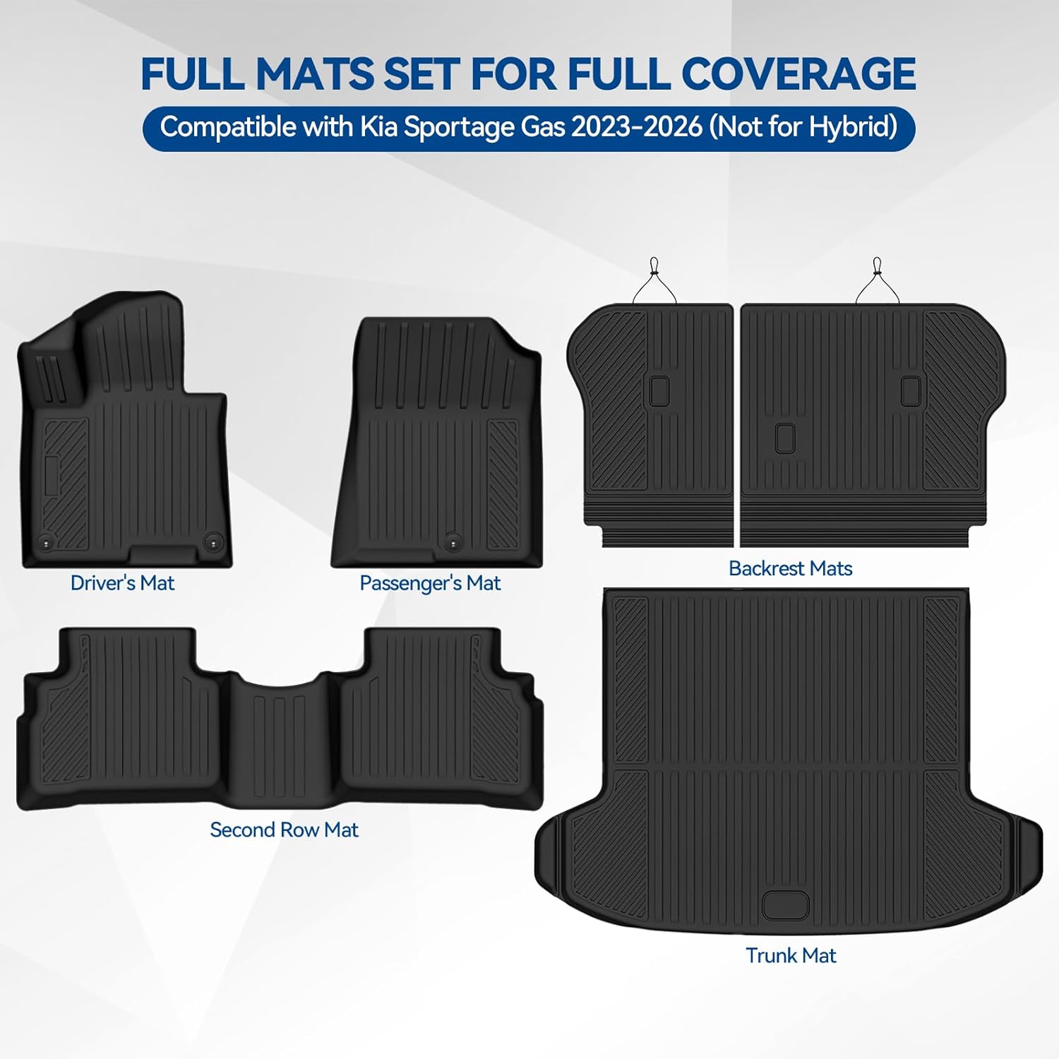 custom fit floor mats for kia sportage gas 2023-2026 (not for hybrid), all weather tpe floor liners with trunk mat & backrest protectors, odorless full set interior accessories 73)sportage gas|2023-2026