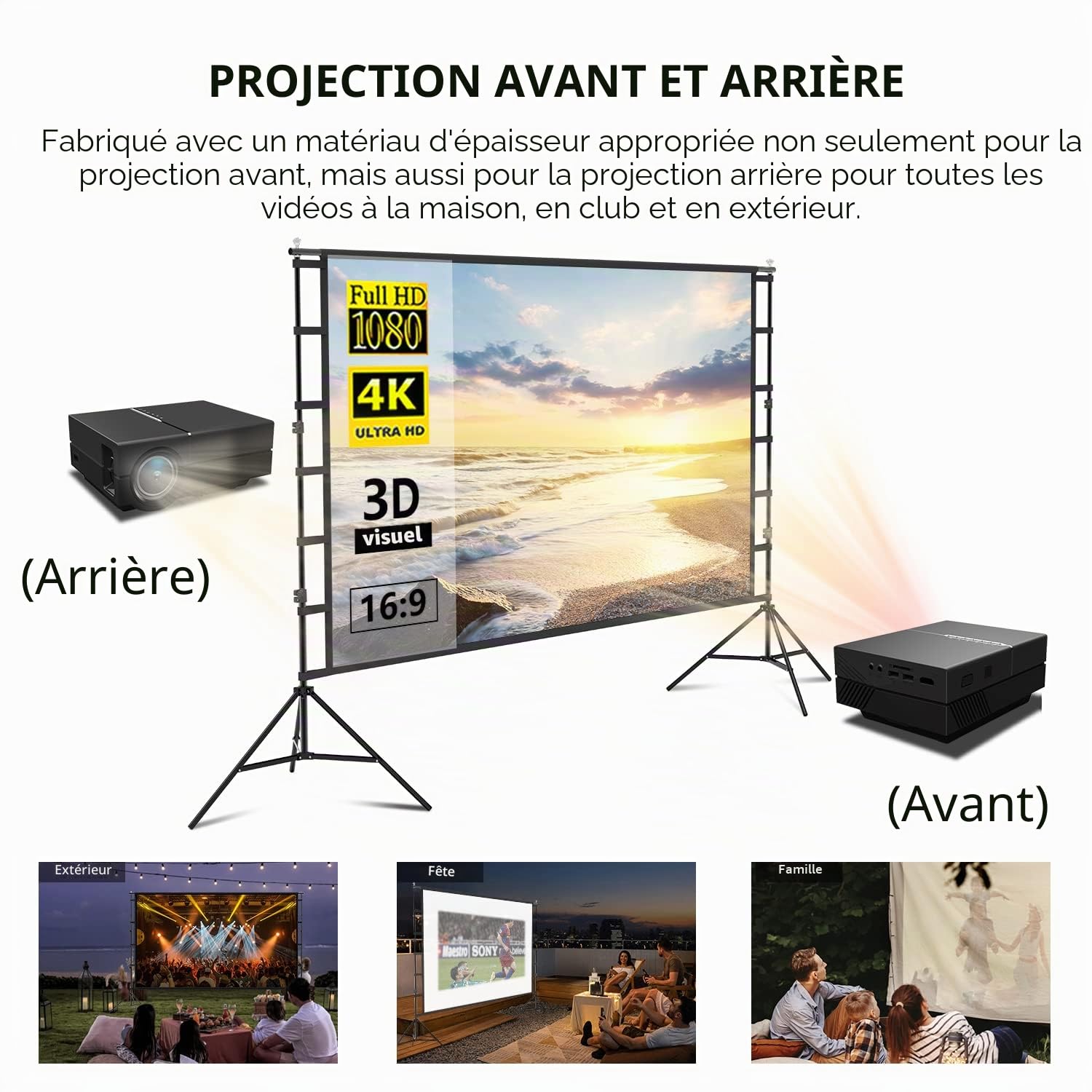 Écran de Projection avec Support, 120" 16:9 pour cinéma Maison, fête intérieure extérieure, cinéma d'arrière-Cour.