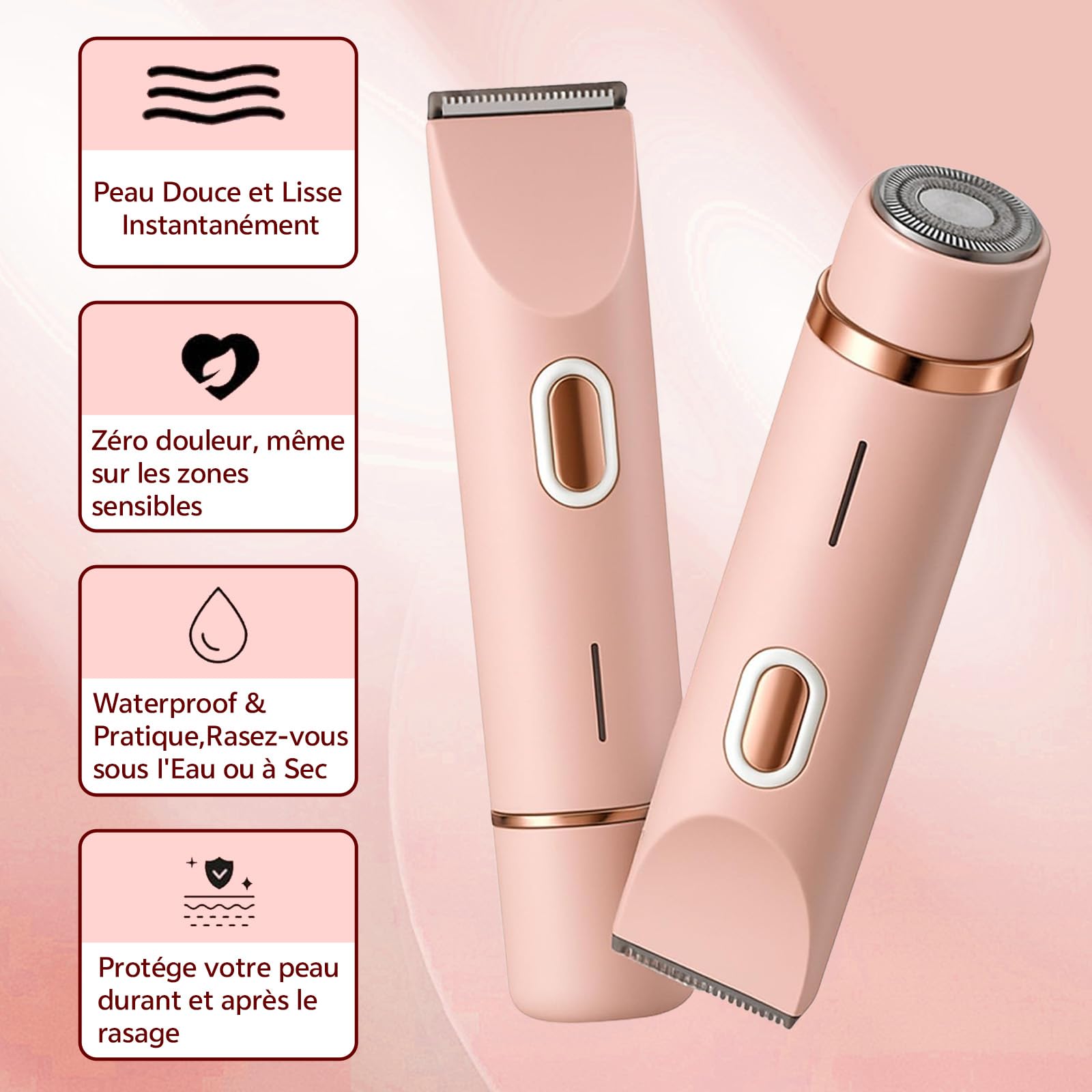 Depiladora Corporal Para Mujer, Afeitadora Eléctrica Para Mujer, Recortadora Para Zonas Íntimas Y Cejas, Resistente Al Agua IPX7, Adecuada Para Zona Del Bikini, Piernas, Axilas Y Vello (Rosa)