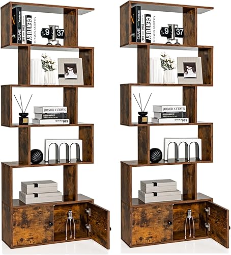Miniatura 12 de Tangkula Estantería en forma de S con gabinete, estantería de 6 niveles con puertas, estanterías geométricas independientes para sala de estar,