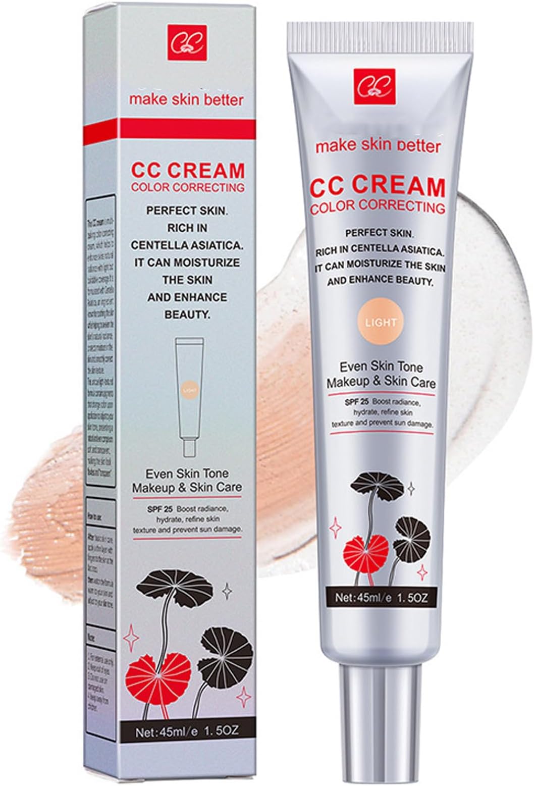CC Cream with Centella Asiatica - Lightweight Color Correcting Skin Perfector, Full Coverage Tinted Moisturiser, Invisible Pores Face Concealer Makeup with SPF 25