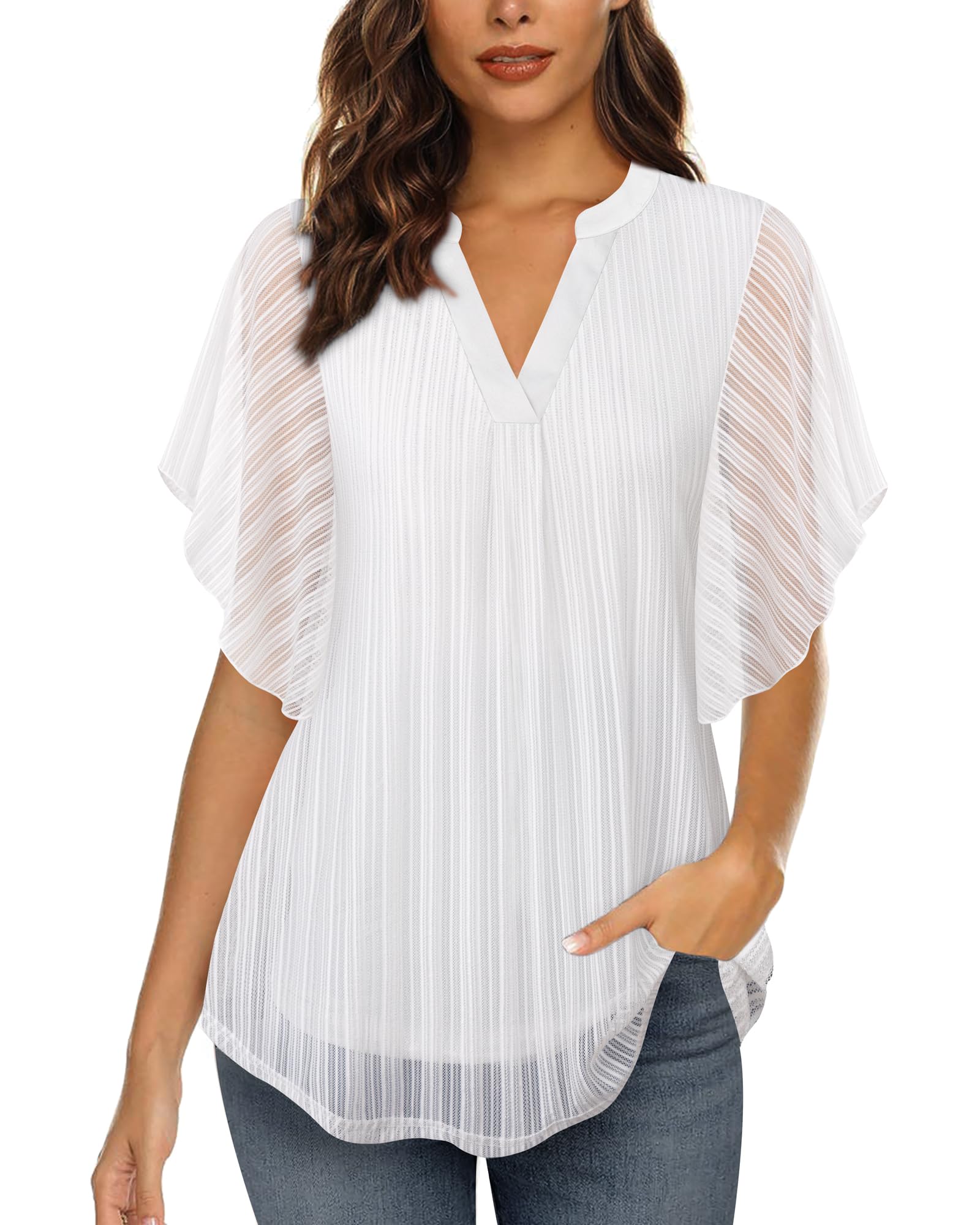 Vafoly Camicia da donna, elegante, a maniche corte, estiva, con scollo a V, in rete, con fiori, a doppio strato