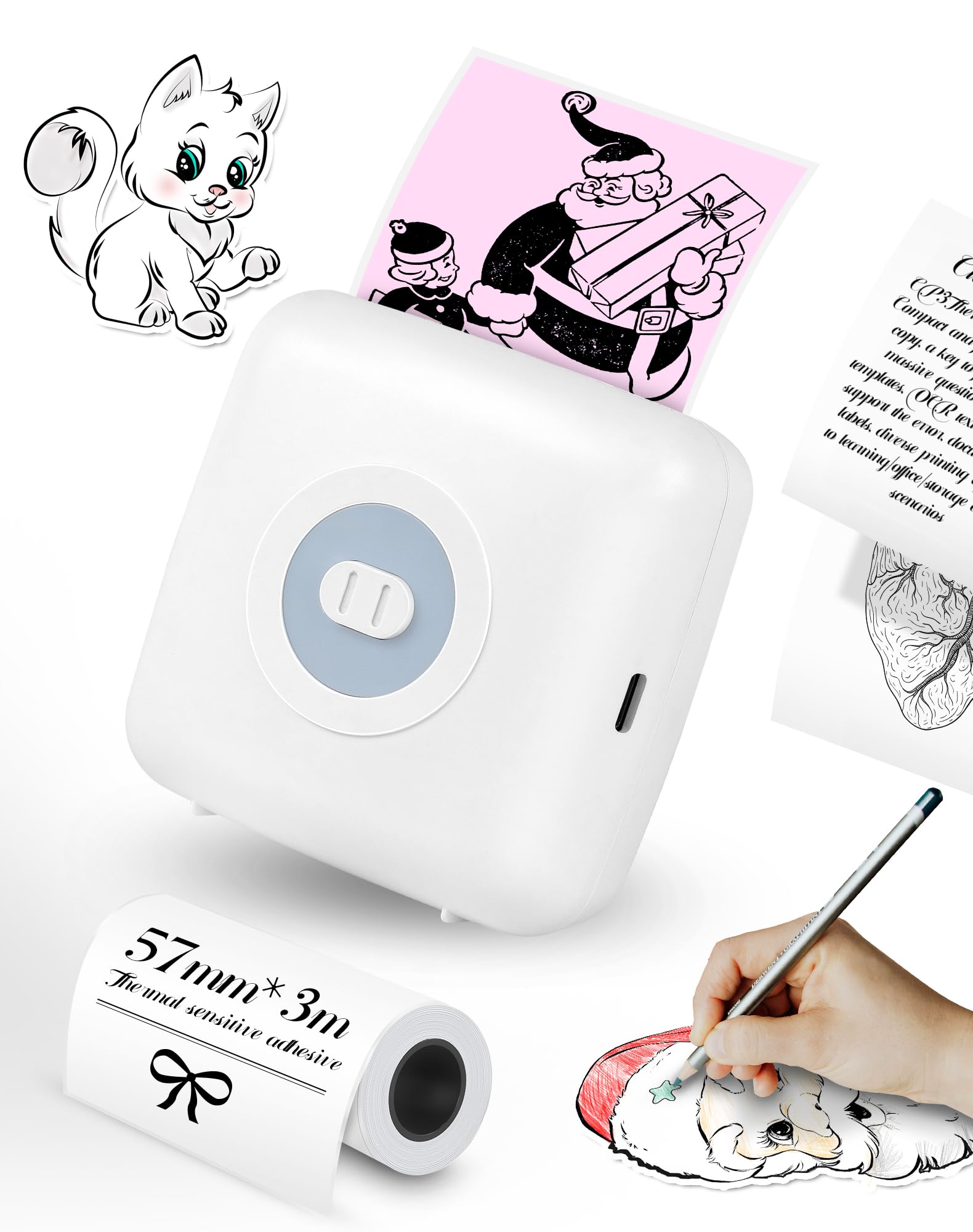 CP3 Mini imprimante, thermique, étiqueteuse Bluetooth de poche, mini imprimante d'étiquettes thermiques pour Noël, compatible avec Android et iOS, blanc