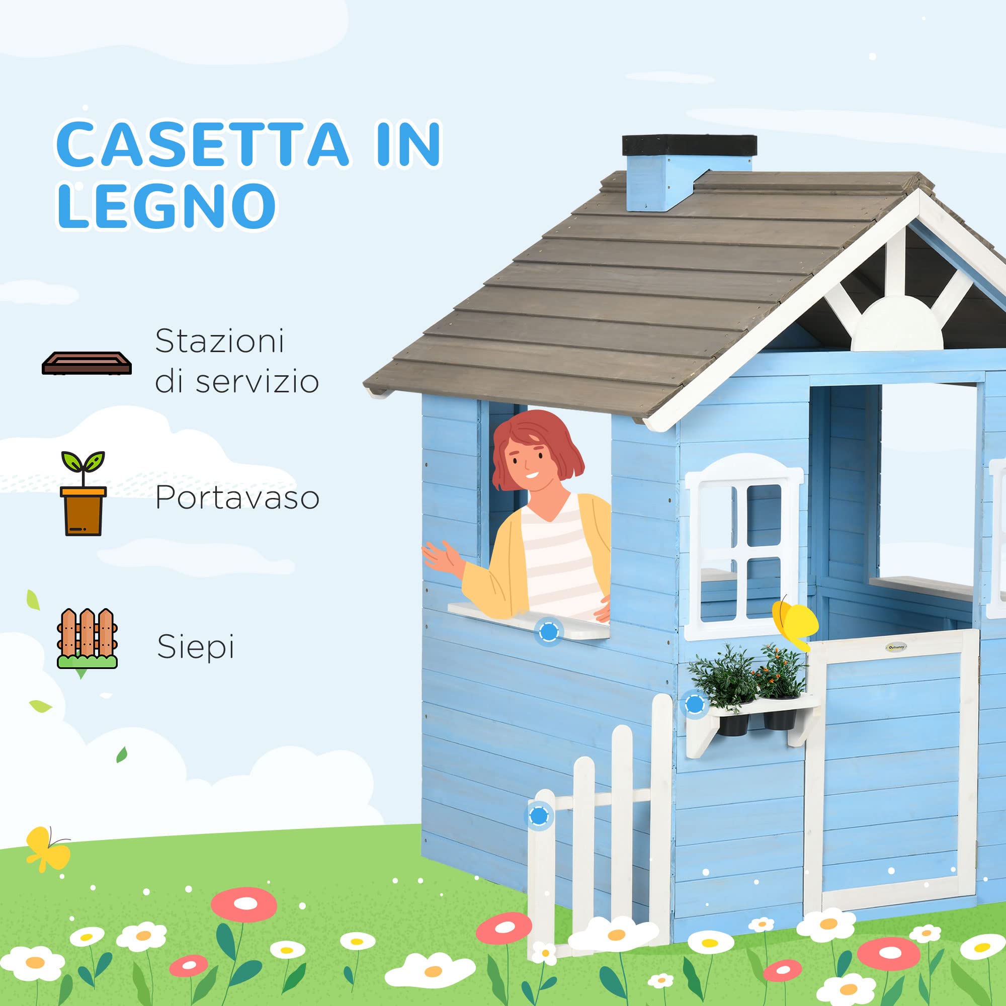 Outsunny Casa per Bimbi 3-7 Anni con Staccionata, Portavasi, Porta e Finestre, Casetta per Bambini in Legno di Abete, 151x112.5x142 cm, Blu