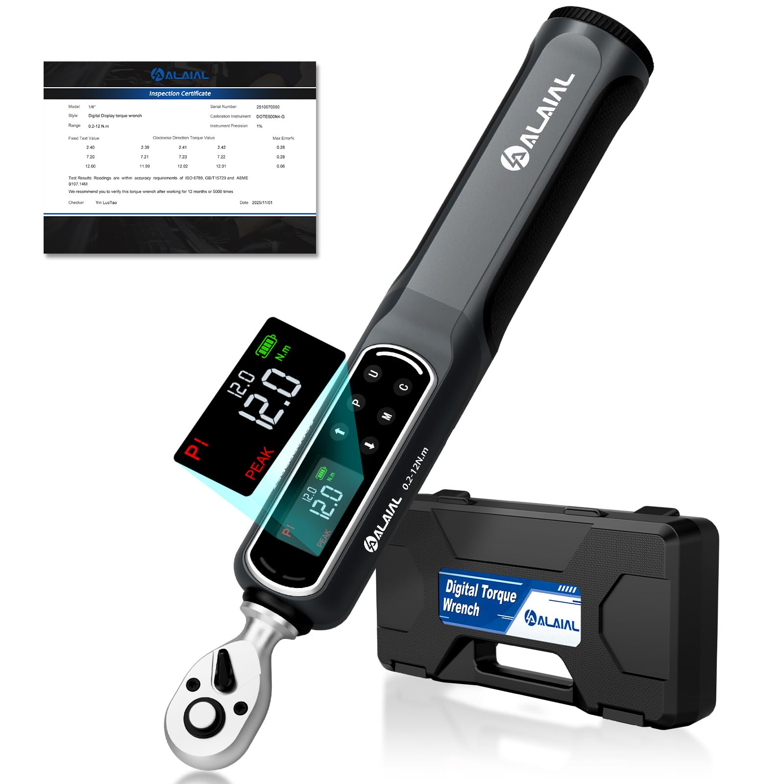 Llave Dinamométrica Digital 1/4", 0.2-12Nm Nm Llave Dinamométrica con Vibración, Zumbador y Alerta LED, Precisión ±2%, llave dinamométrica electrónica para Bicicleta, Moto, Coche