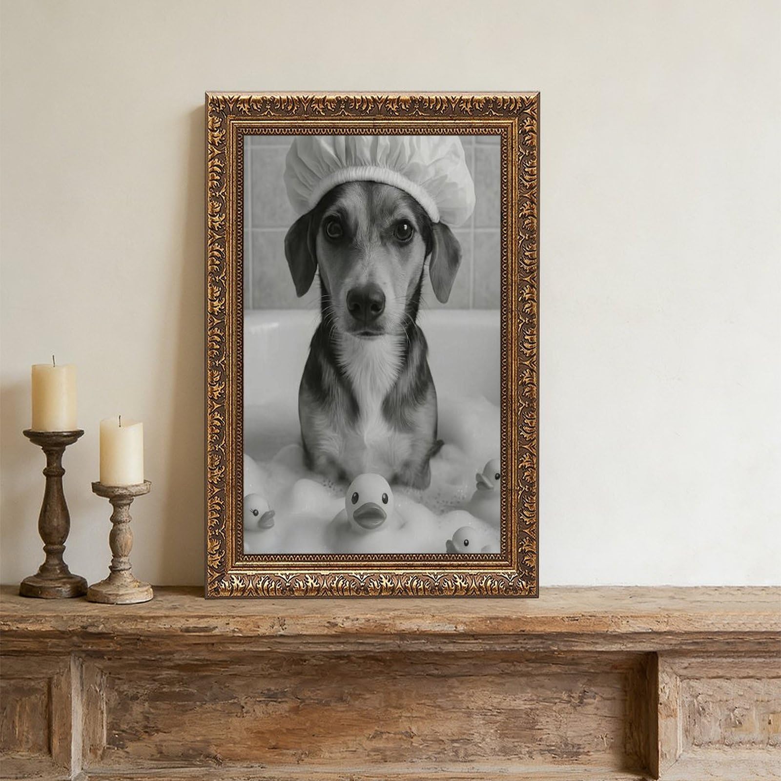 Lustiger Hund in der Badewanne, niedlicher Welpe mit Duschhaube, Leinwand-Poster, Wandkunst für Wohnzimmer und Schlafzimmer, 61 x 91,4 cm