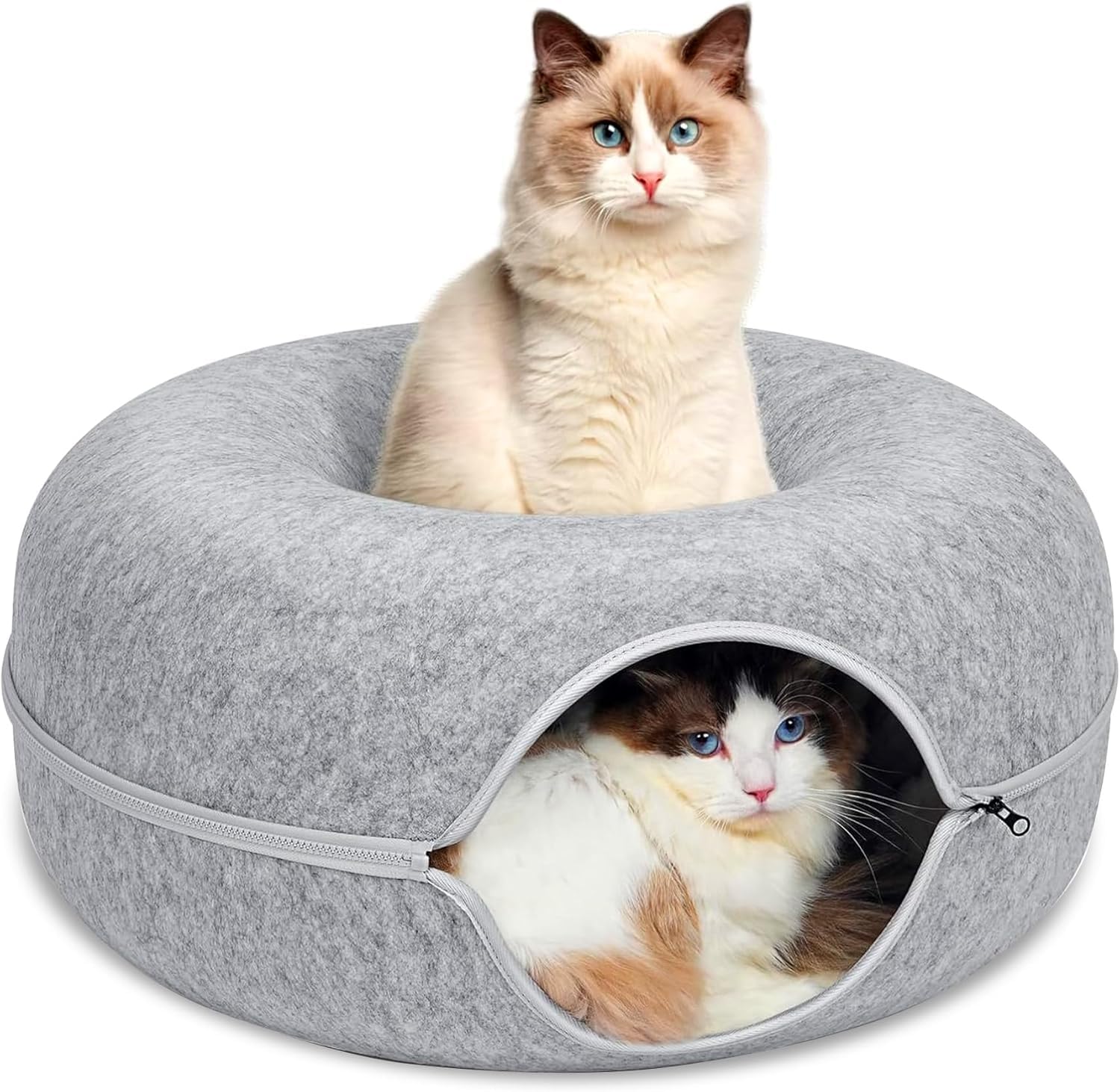 Cat Tunnel Bed for Indoor Cats, Convertible 2-in-1 Scratch Resistant Peekaboo Cat Cave, Comfortable & Spacious Cat Donut Tunnel with Premium Zipper,