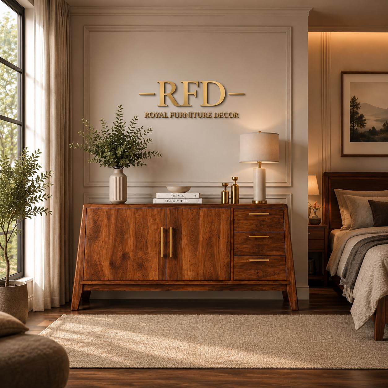 Solid Wood Sideboard with Drawers, Walnut | RFD 2 Doors & 3 Drawers, Spacious Storage, Brass Finish Handles, Dark Walnut Finish-picture-24