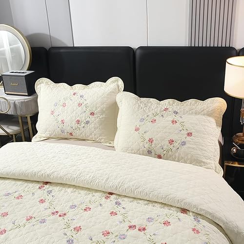 Miniatura 6 de vctops Juego de edredón de 3 piezas con bordado floral de granja, tamaño Queen, ligero, suave, acolchado de algodón para todas las estaciones