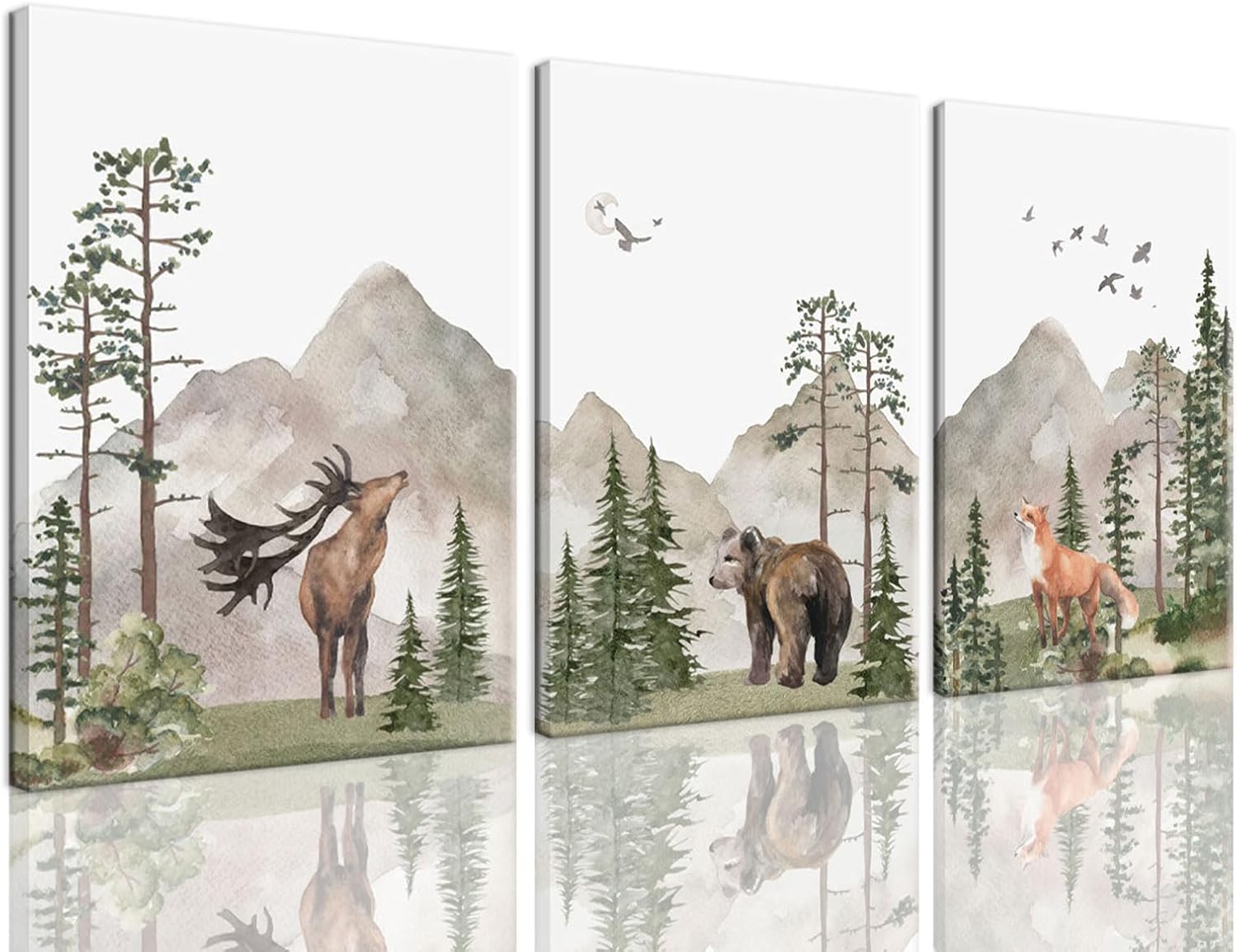 YOYIAXT 3 Piece Woodland Animal Canvas Wall Art Safari Nursery Art Prints Jungle Wildlife Pictures Forest Deer Bear Fox Painting Artwork for Boy Baby Bedroom Bathroom 16x24in Framed