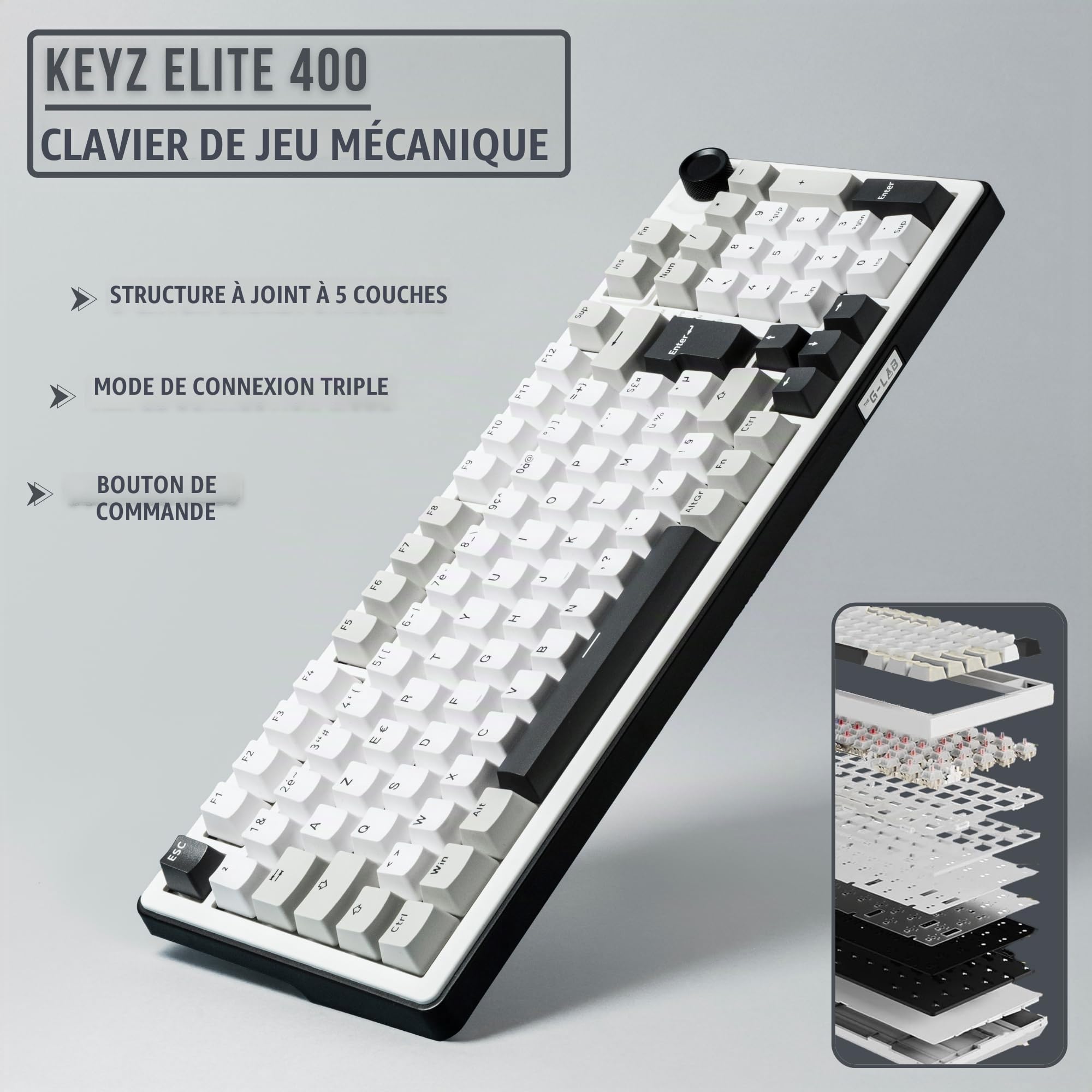 The G-Lab Keyz Elite 400 WG - Clavier Gamer sans Fil Mécanique Hot-Swap RGB | QWERTY US, Sans Fil Tri Mode 2.4GHz/Bluetooth/Filaire, Switch Mécanique Hot Swap Pré-lubrifiés, Gasket 5 Couches