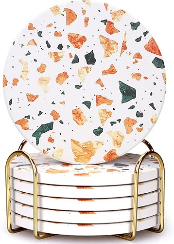 6 posavasos de cerámica estilo terrazo con soporte, los mejores posavasos redondos absorbentes para escritorio, salón, café, bebida, vino, bebidas,