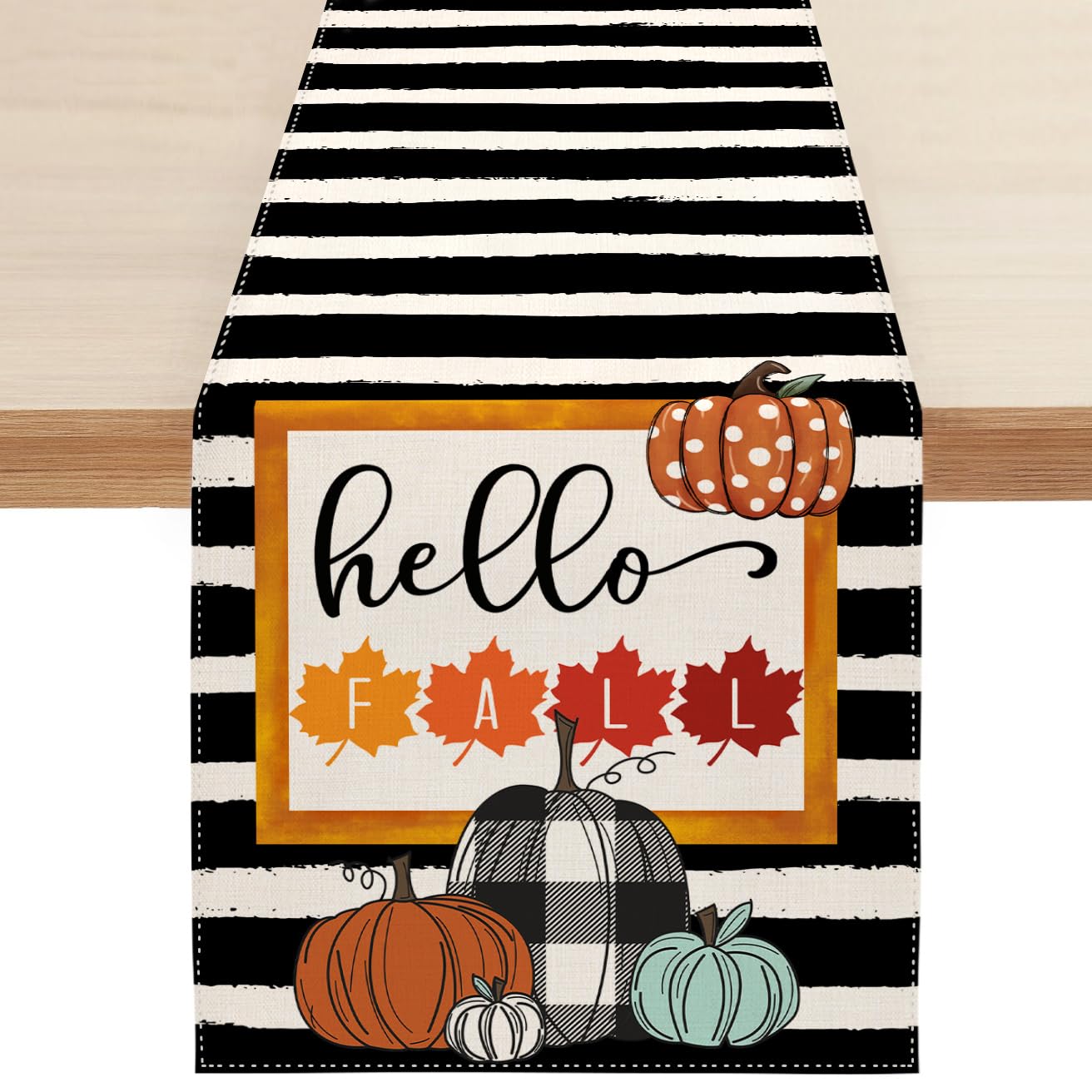 Photo 1 of BLKWHT Fall Pumpkin Table Runner, Stripe Autumn Thanksgiving Table Decoration for Kitchen Dining Coffee or Indoor and Outdoor Home Party Decor 13 x 90 Inches SK135 13x90 Inches