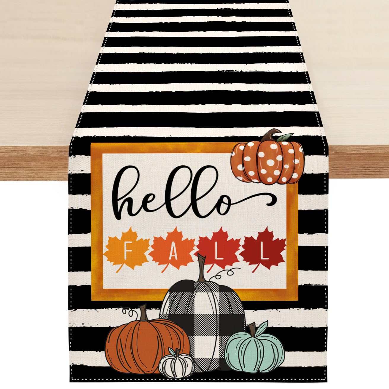 Photo 1 of BLKWHT Fall Pumpkin Table Runner, Stripe Autumn Thanksgiving Table Decoration for Kitchen Dining Coffee or Indoor and Outdoor Home Party Decor 13 x 72 Inches SK135 13x72 Inches