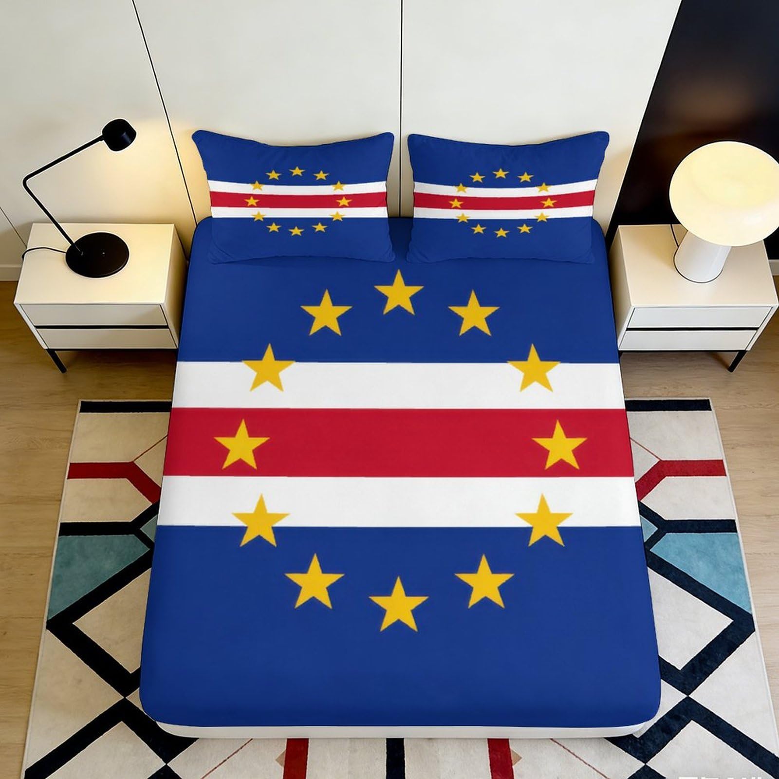 3D Printed European Flag Fitted Sheet Microfiber Deep Pocket Non-Slip Full Wrap for Adult Bedroom European Flag Mattress Fitted Cover Washable 160x200x25cm