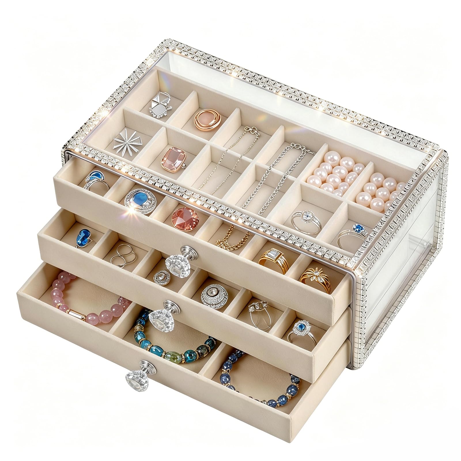Women's Jewelry Organizer, Large 3-Layer Diamond Border Ornaments Box