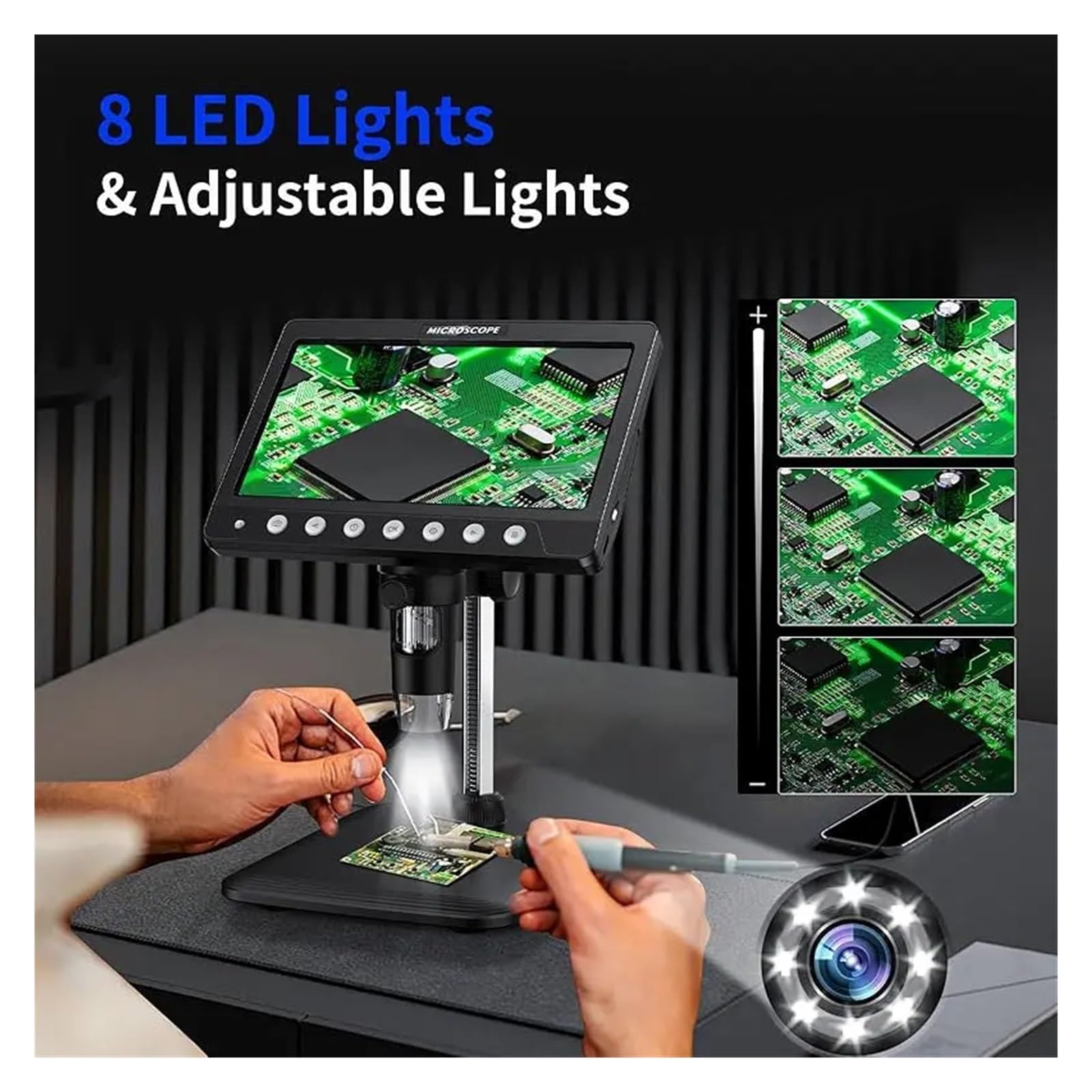 7Inch IPS Digital Coin Microscope 5MP 1200X Ultra-Precise Focusing Camera 1080P Video Microscope 8 LED Lights For Coin Circuit