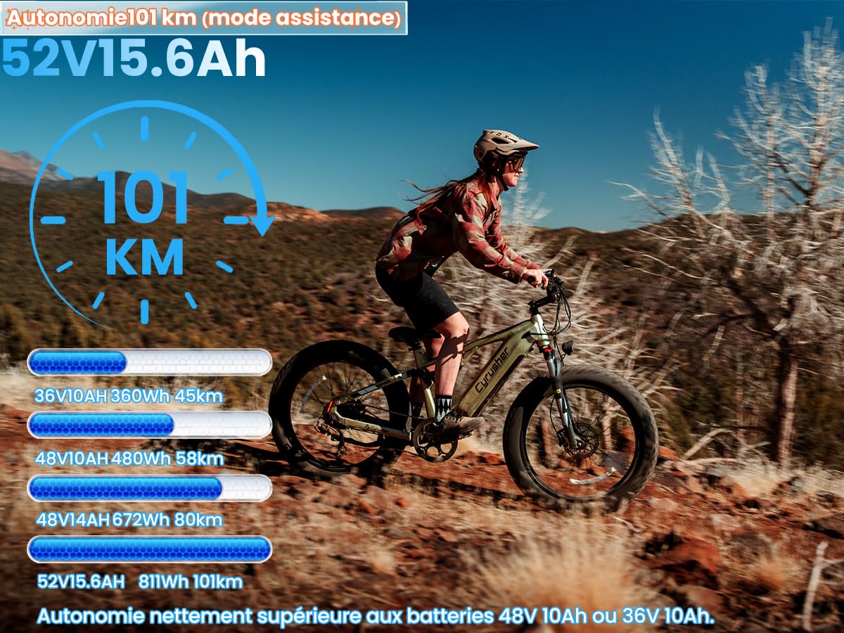 Vélo Électrique en Aluminium Rover 26Pouces, 250W 25 km/h 52V 16Ah 811Wh 101 km, Suspension intégrale, Freins à Disque Hydrauliques