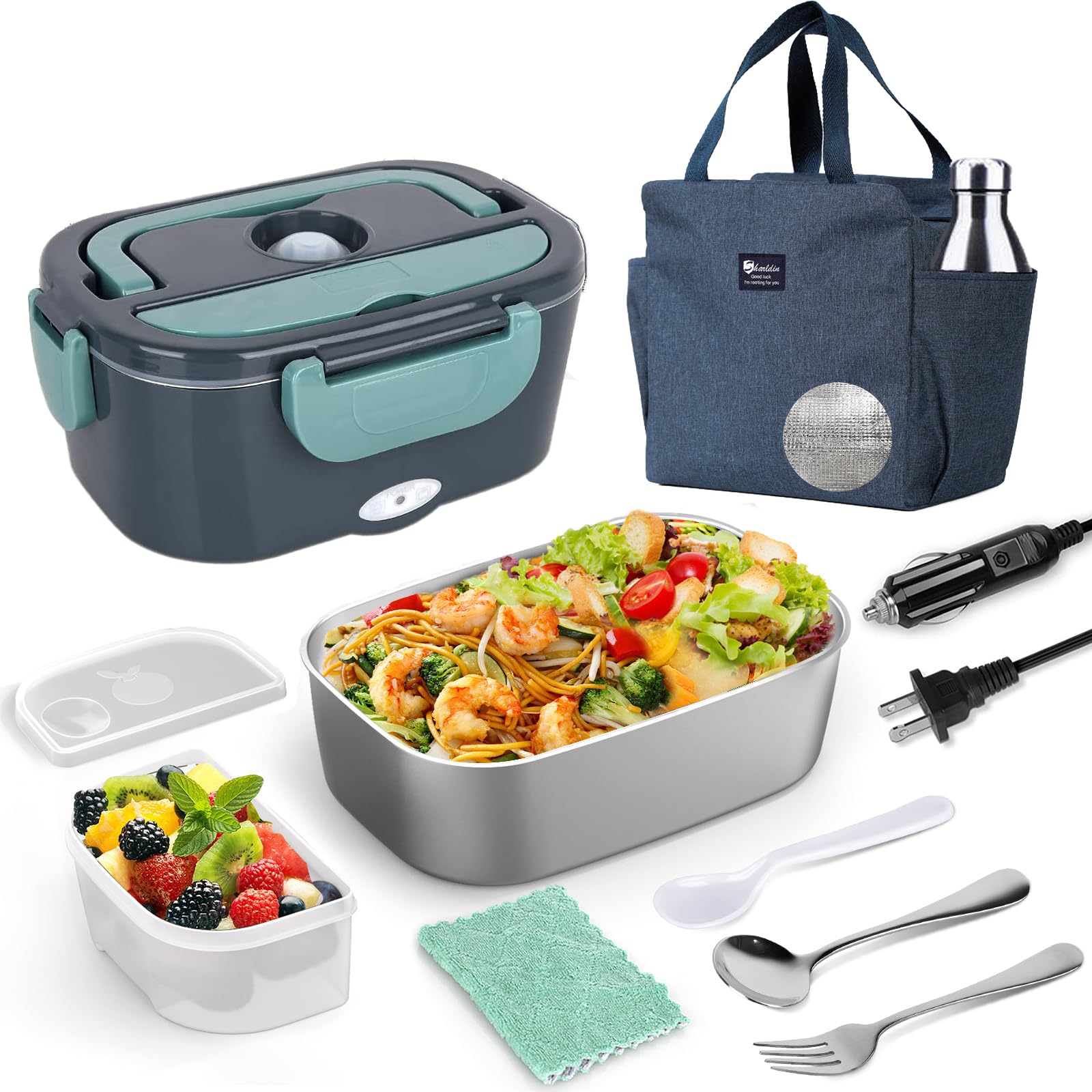 Electric Lunch Box Quick Food Heater Portable Food Warmer Leakproof Heated Lunch Box for Car/Home/Trunk 3 in 1 with 1.5L Removable Stainless Steel Container, Tableware＆Meal Bag(Green)